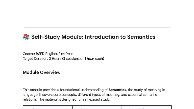 Semantics Module: Foundations, Lexical Relations & Reference (BSED ...