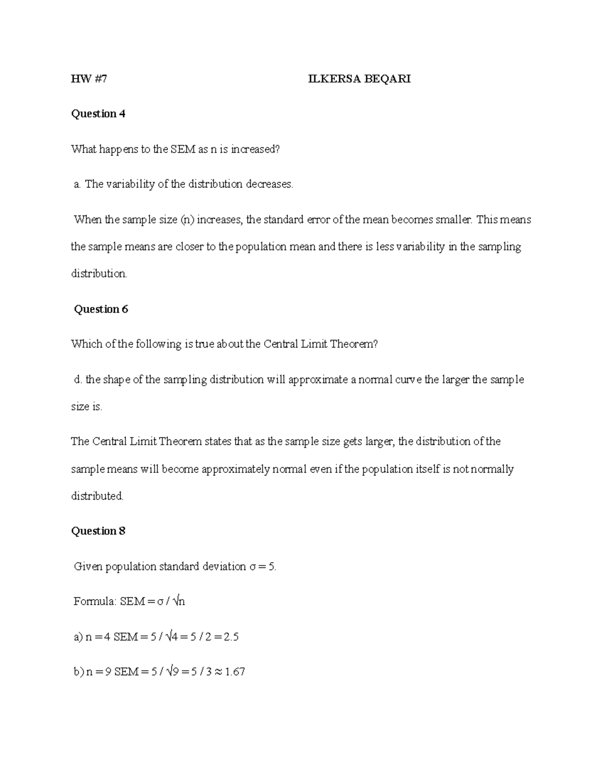 HW 7 - SEM and Central Limit Theorem Insights - Studocu