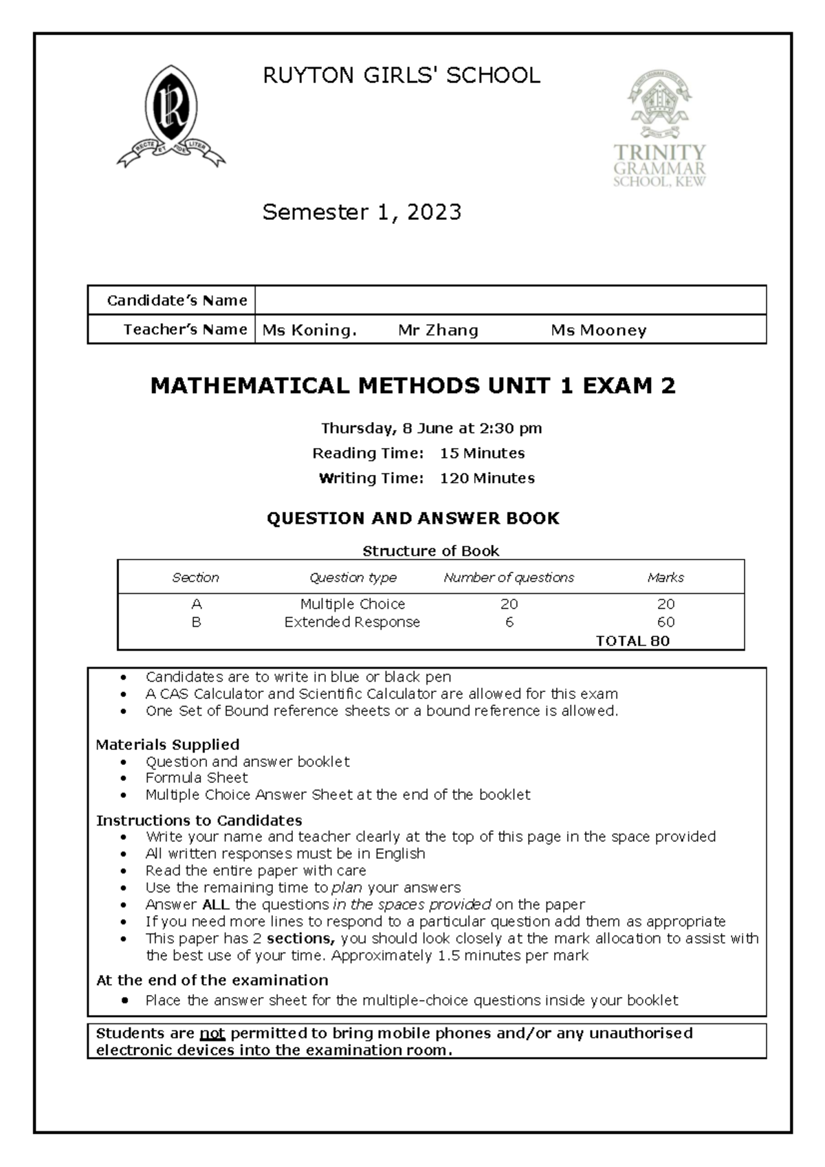 11MM MATHEMATICAL METHODS UNIT 1 EXAM 2 - Semester 1, 2023 - Studocu