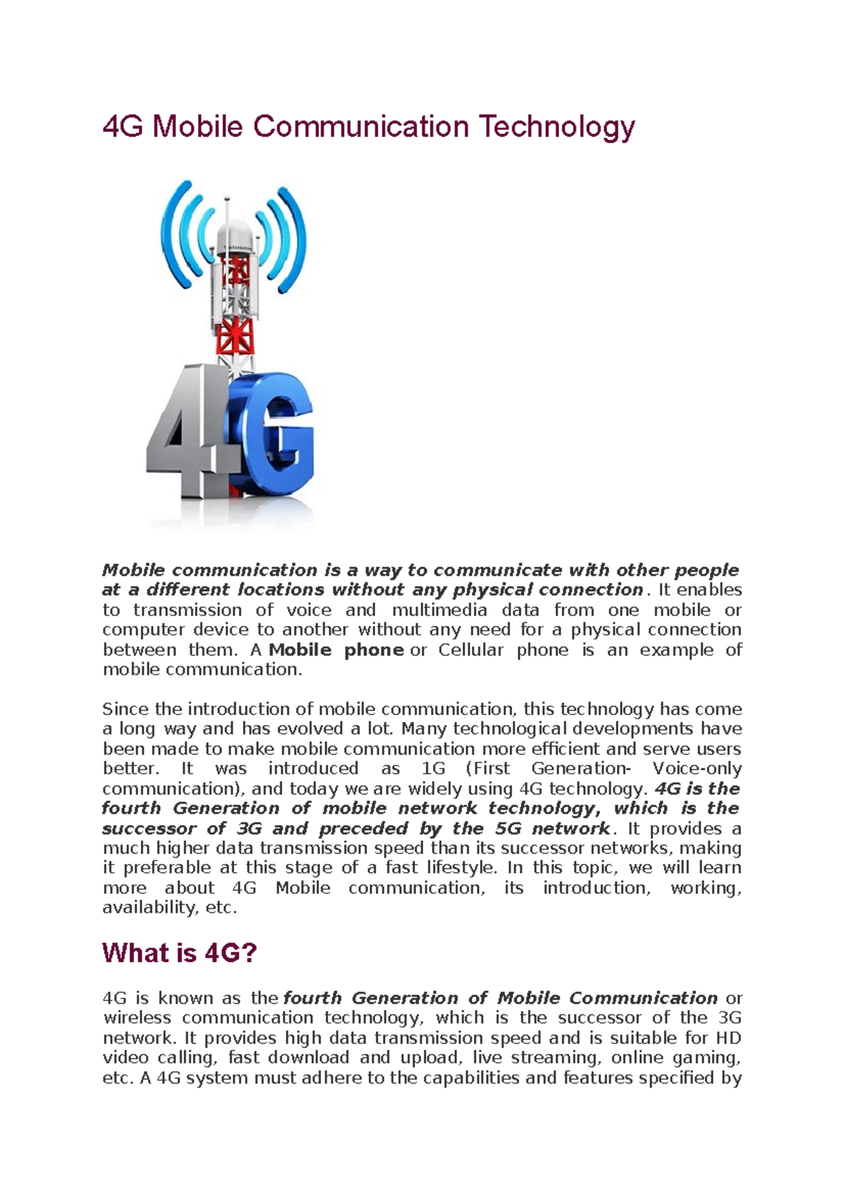 LTE - LTE - 4G Mobile Communication Technology Mobile communication is ...