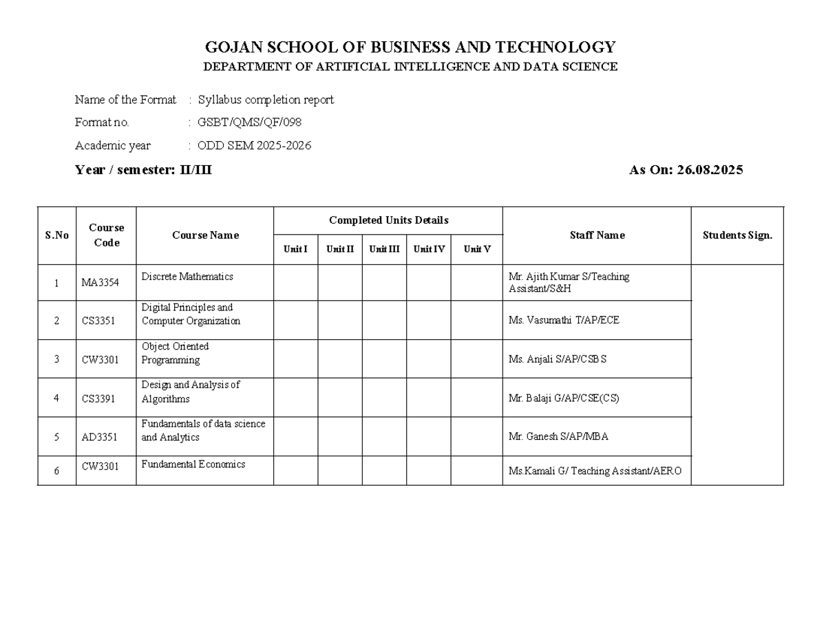 Syllabus Completion Report for CS & Business Tech - ODD SEM - Studocu