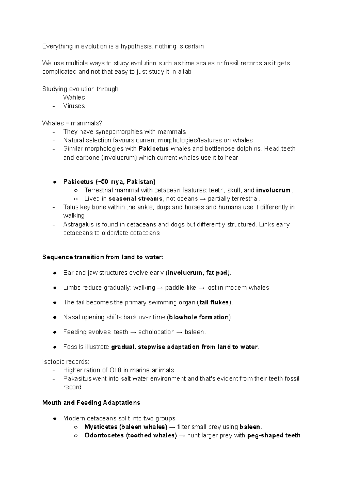 BIOB51 - Lecture Notes on Evolution and Cetacean Adaptations - Studocu