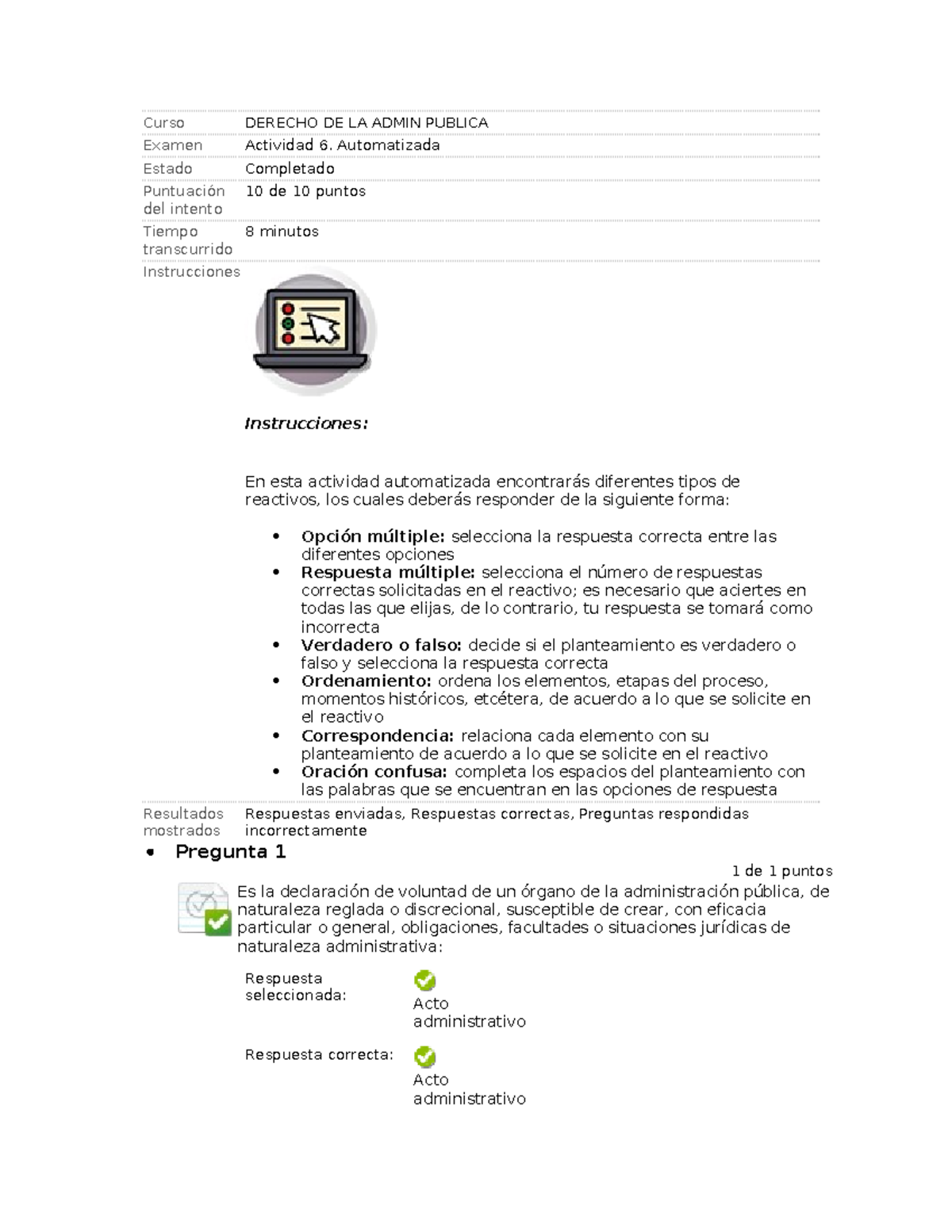 Examen Actividad 6 - Derecho de la Admin. Pública - 10/10 Puntos - Document Preview