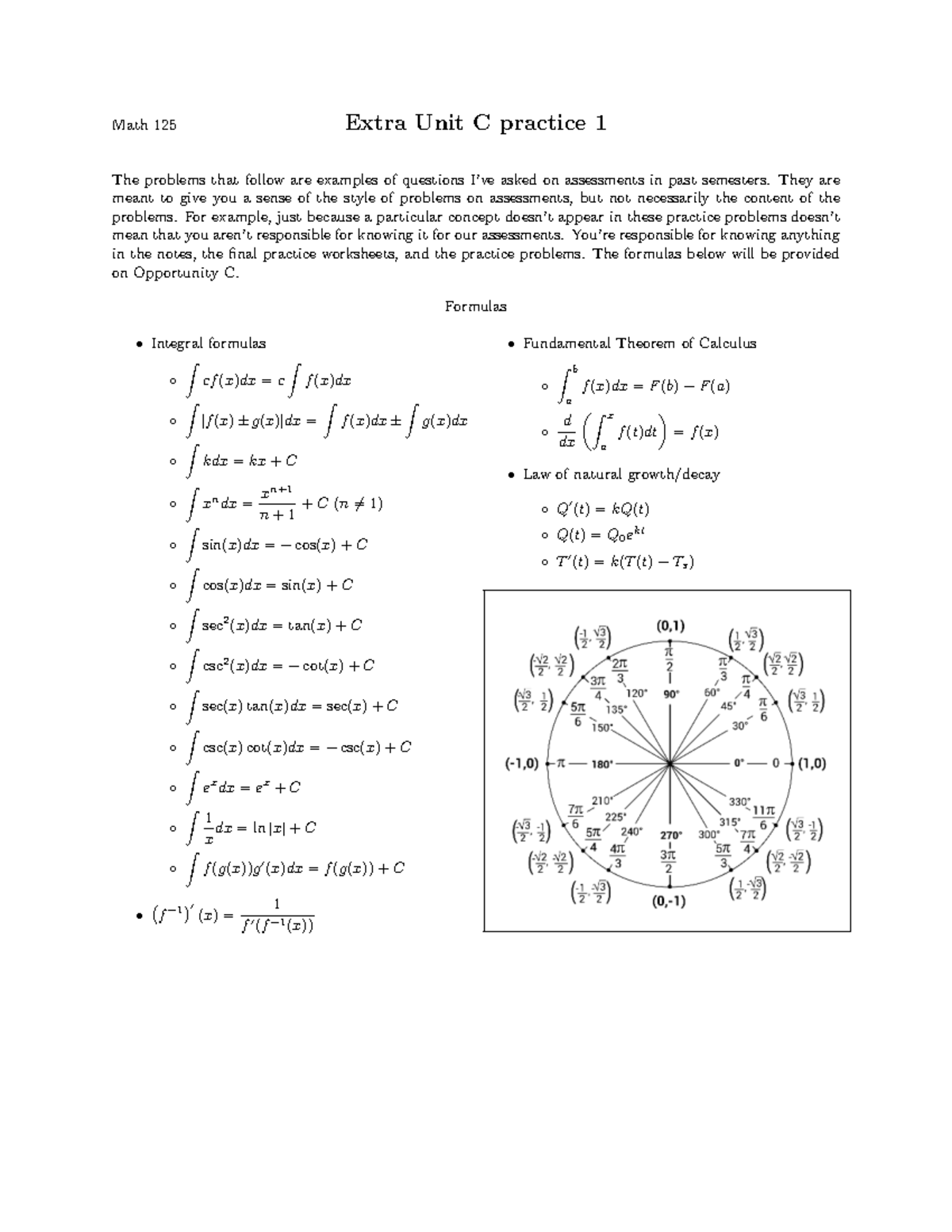 Spring 2025 Extra Unit practice 1 - Math 125 Extra Unit C practice 1 ...
