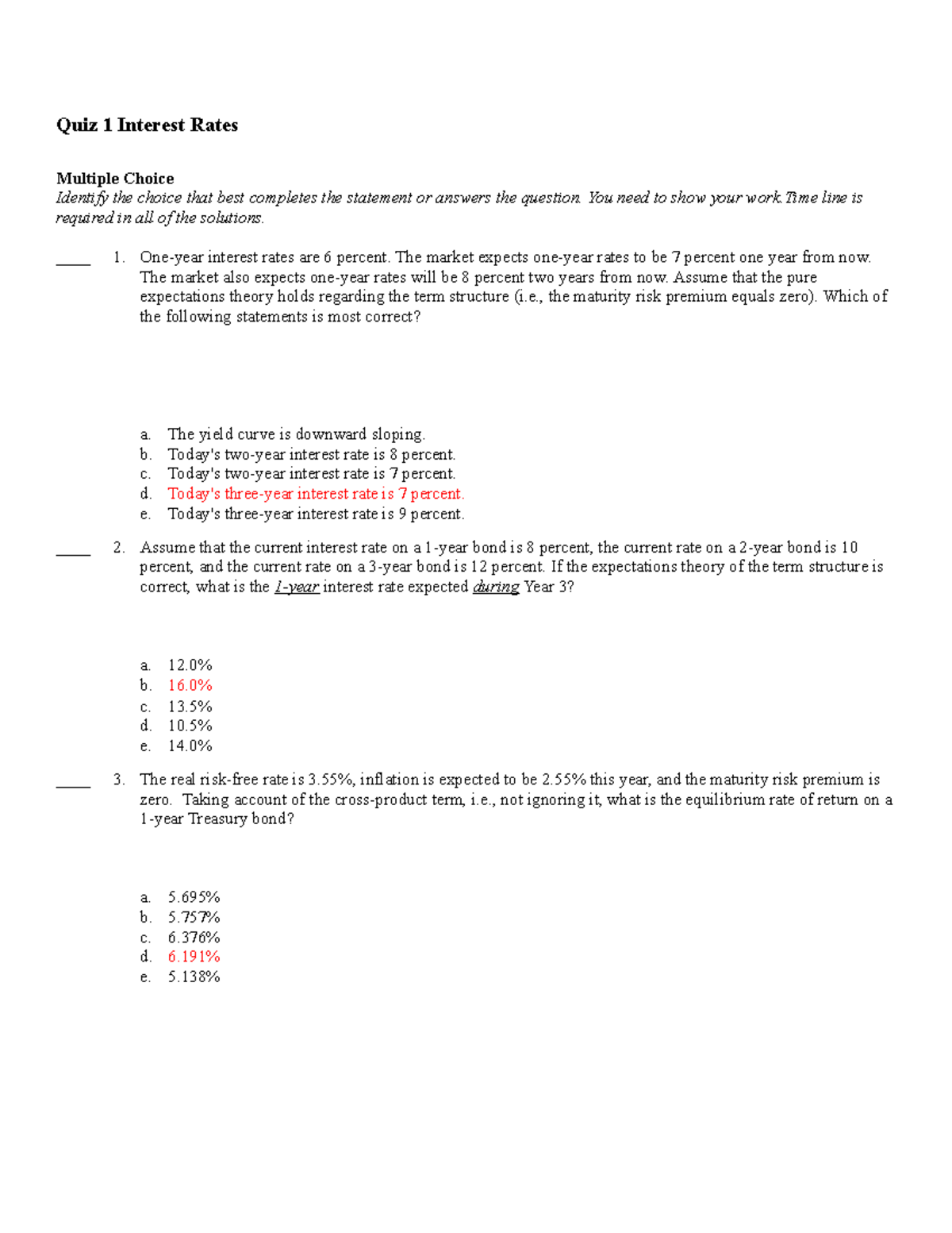 Quiz 1 on Interest Rates - Key Concepts and Solutions - Studocu