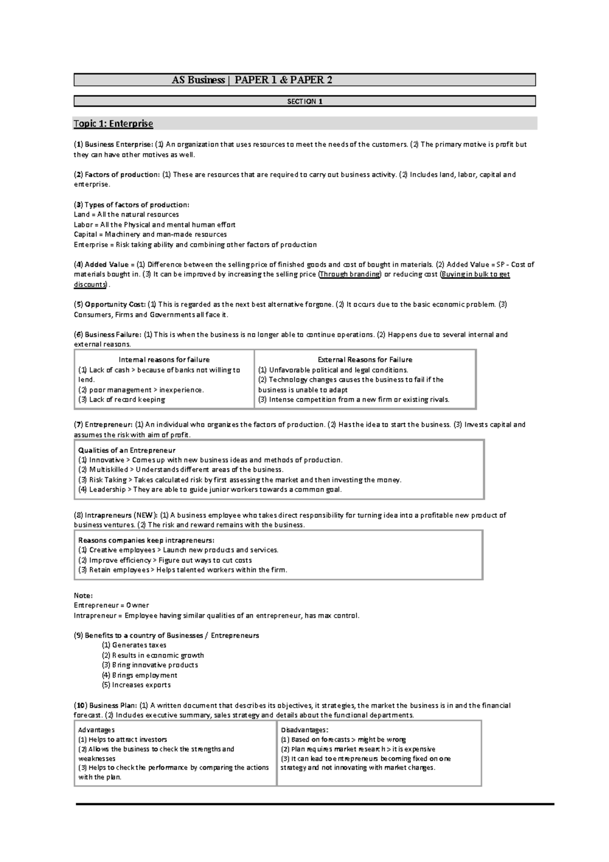 AS Business Short Notes - Overview of Key Concepts and Terms - Studocu