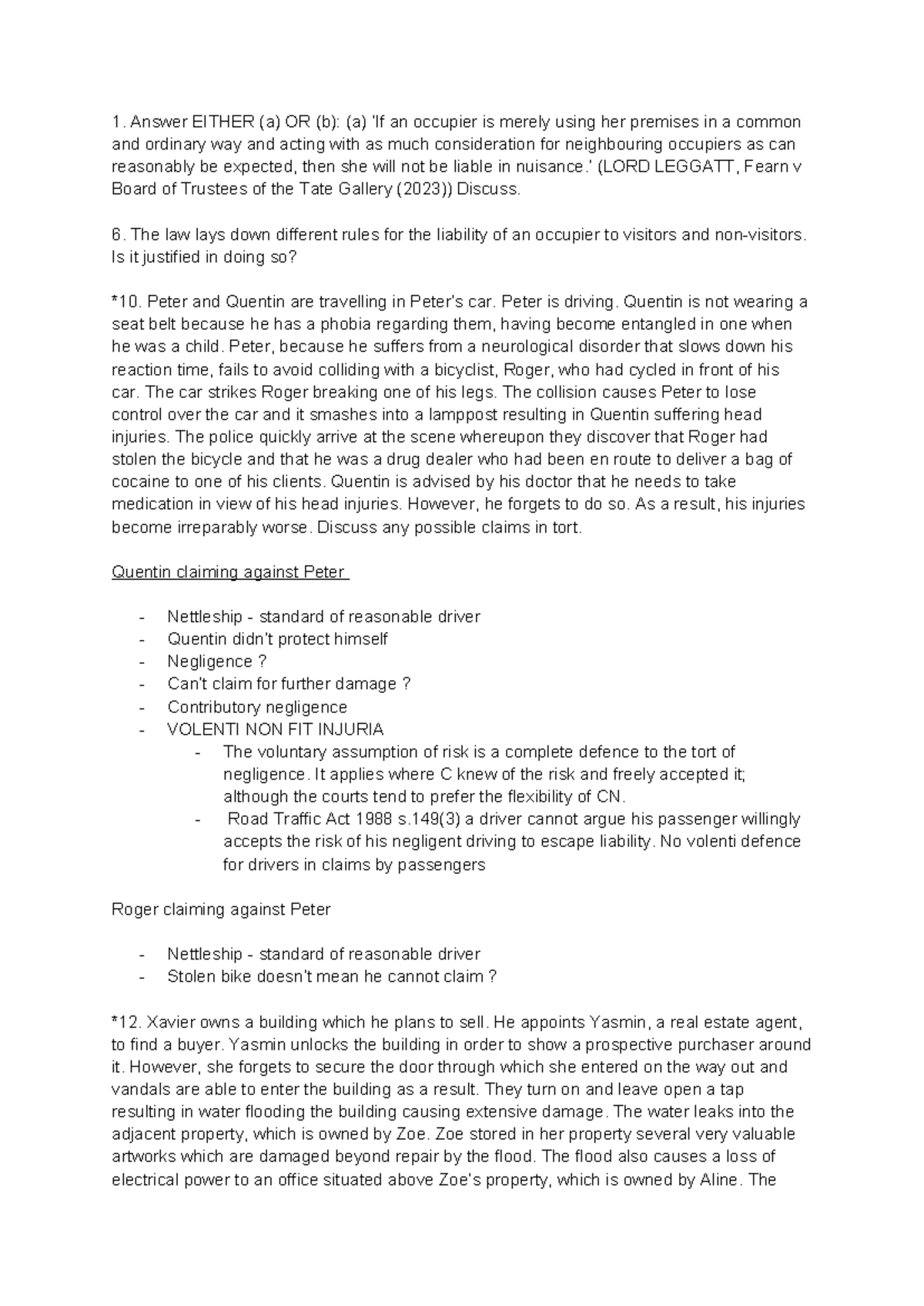 Tort Law Review - Past Exam Questions and Analysis (LAW 101) - Studocu