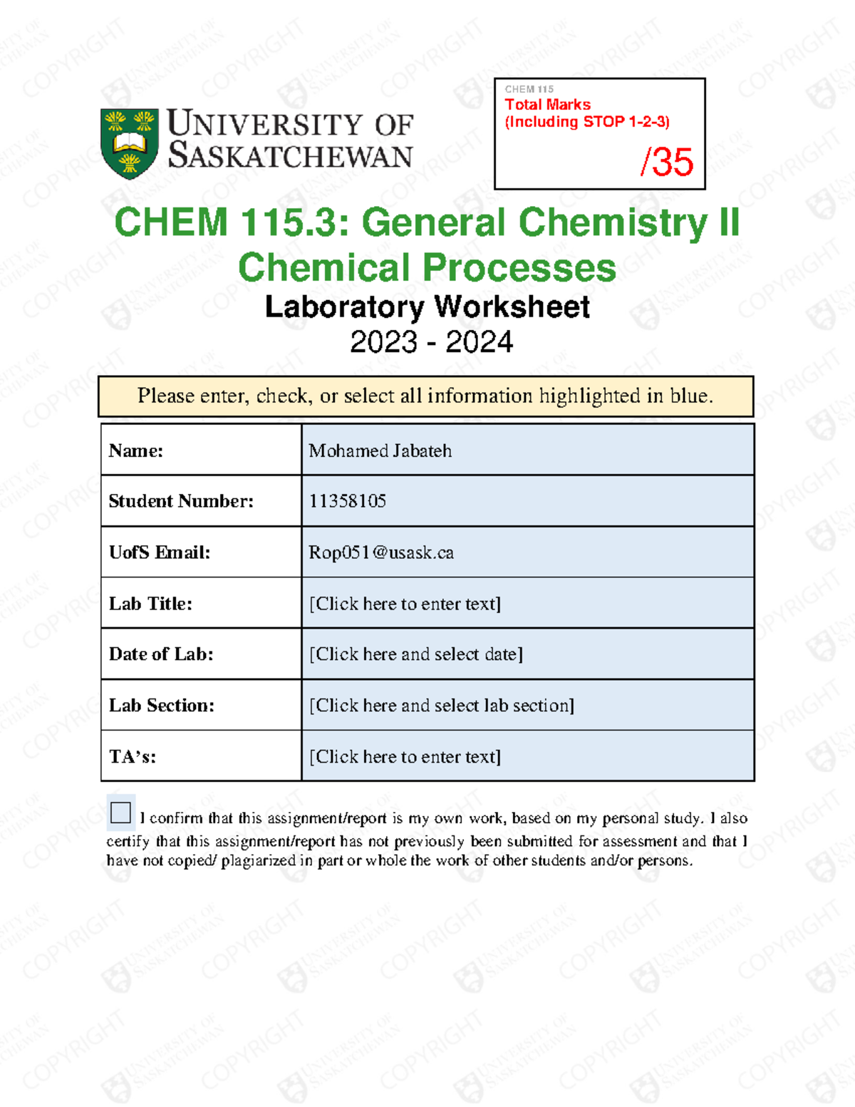 CHEM 115.3 Lab 7: Complete Laboratory Worksheet for 2023-2024 - Studocu