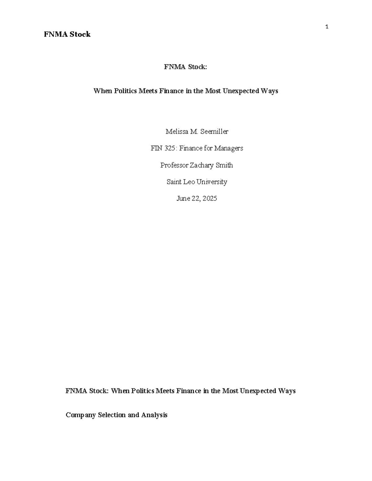 FNMA Stock Analysis: Politics and Finance in FIN 325 - Studocu