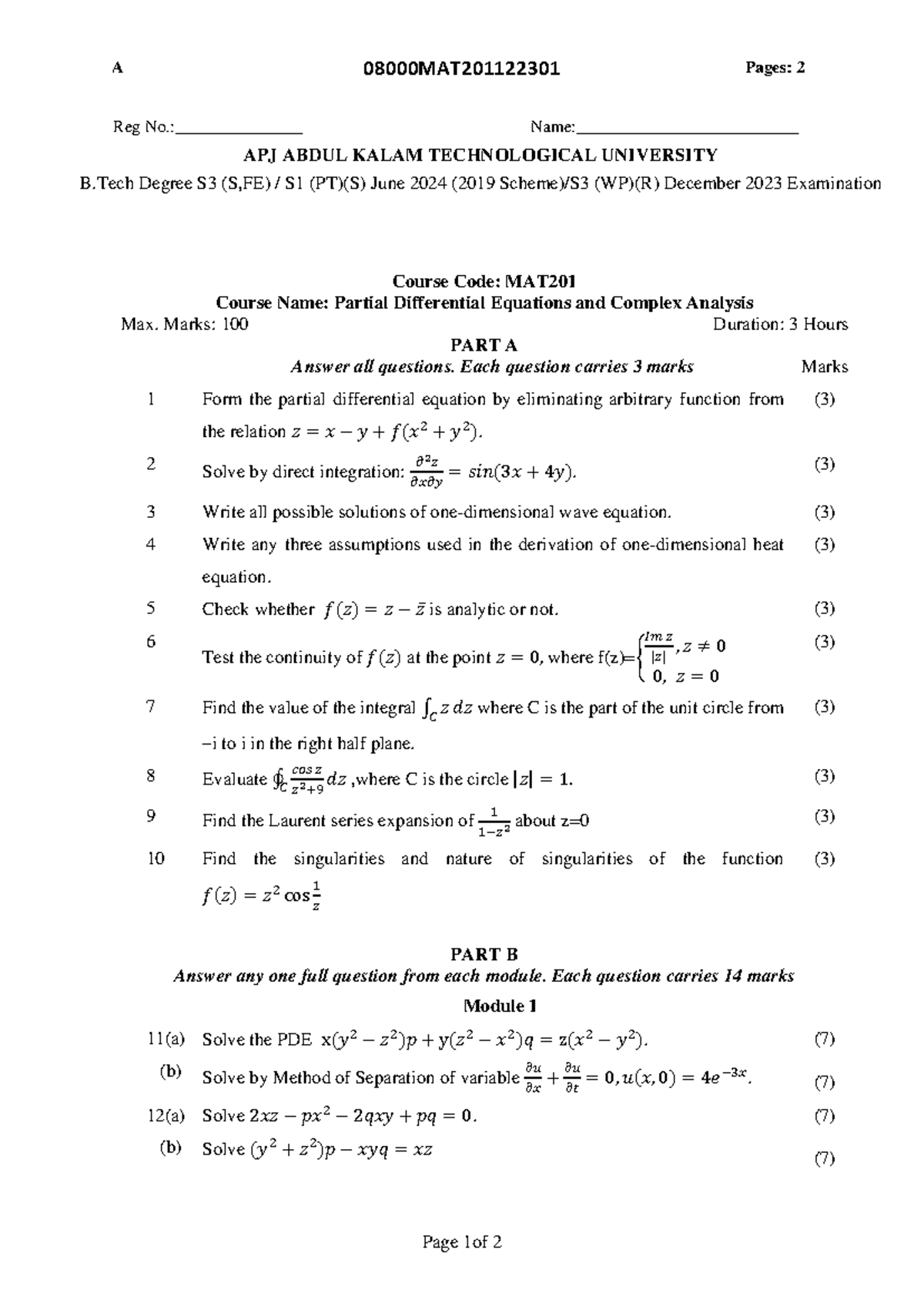 MAT201 Final Exam Question Paper: PDE & Complex Analysis - Studocu