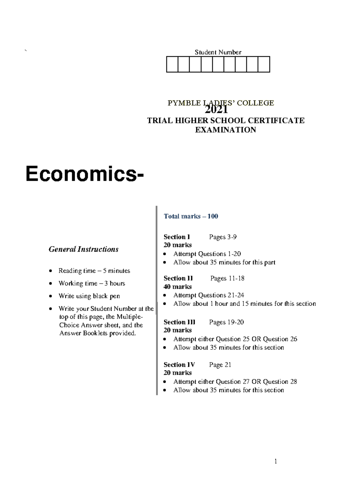 Trial 2021 Economics Trial HSC Exam - ` Student Number Economics ...