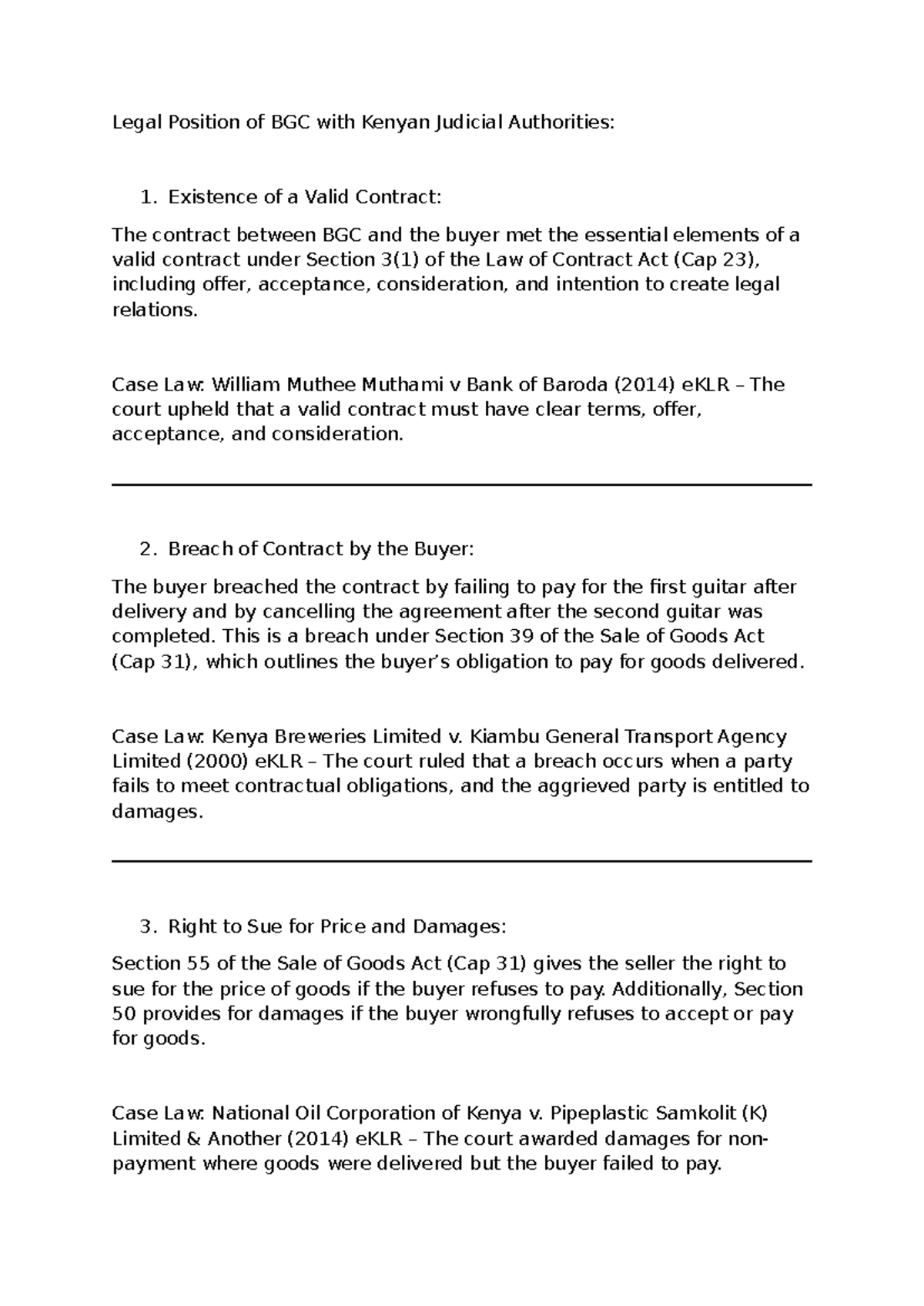 Legal position - Reference material - Legal Position of BGC with Kenyan ...
