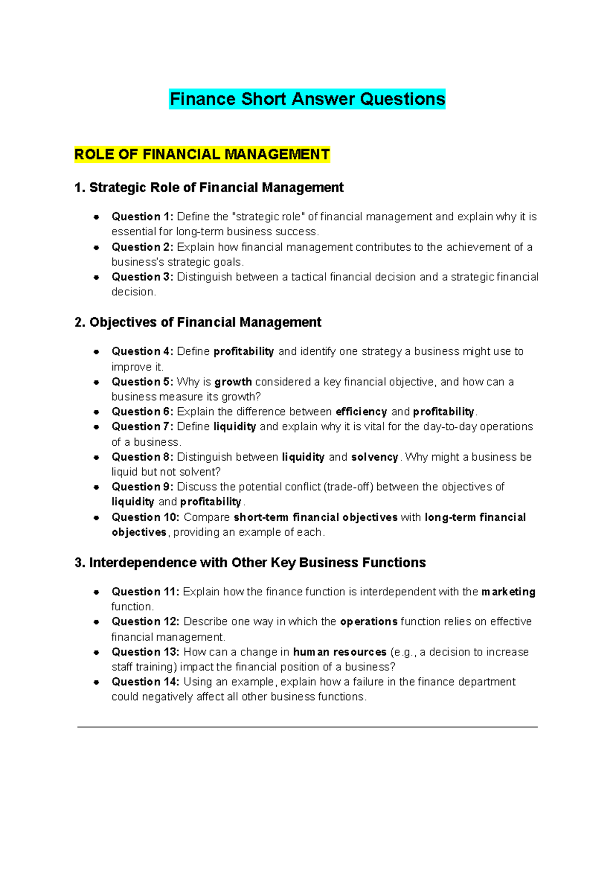 Finance Short Answer Questions: Role of Financial Management - Studocu