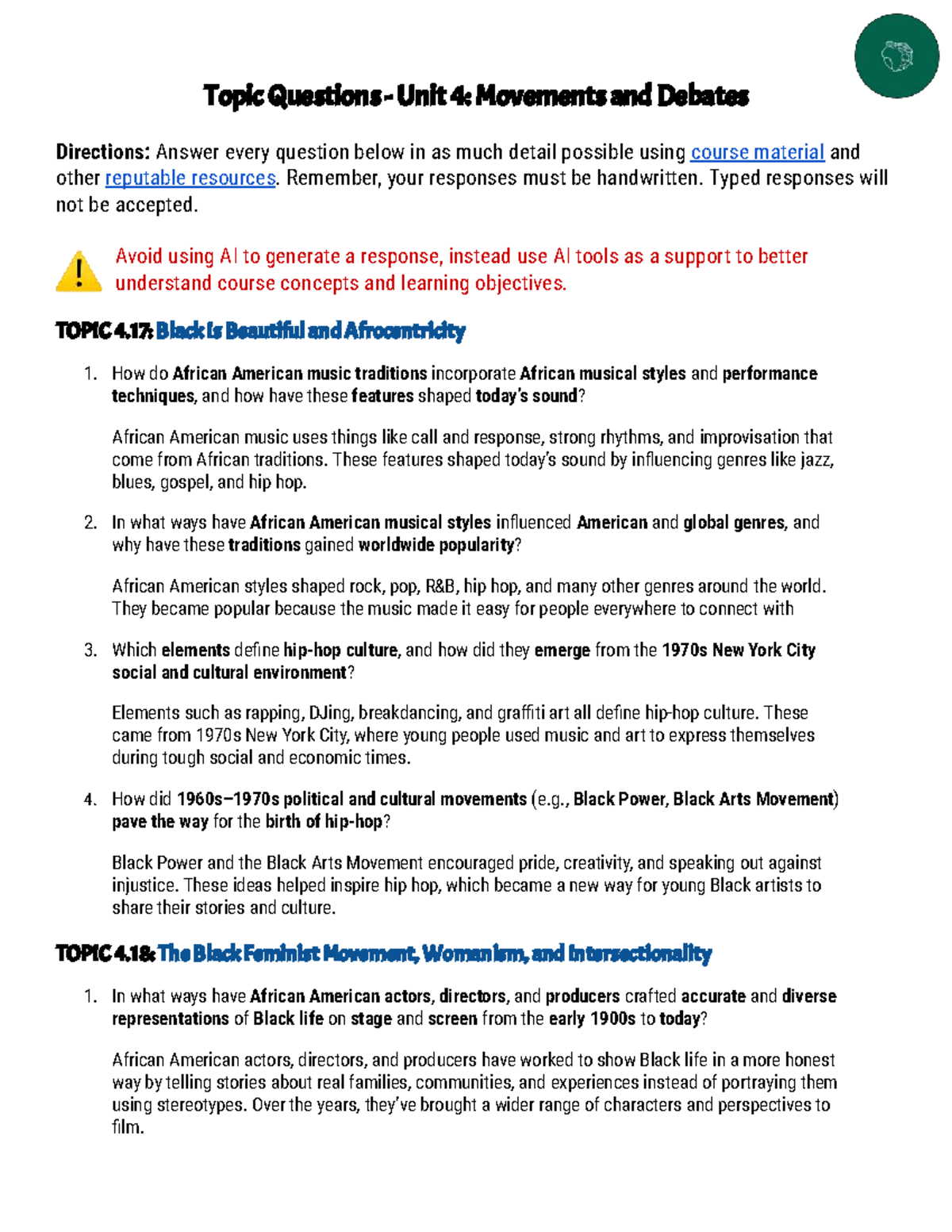 Unit 4 Topic Questions: Movements & Debates - Week 29 - Studocu