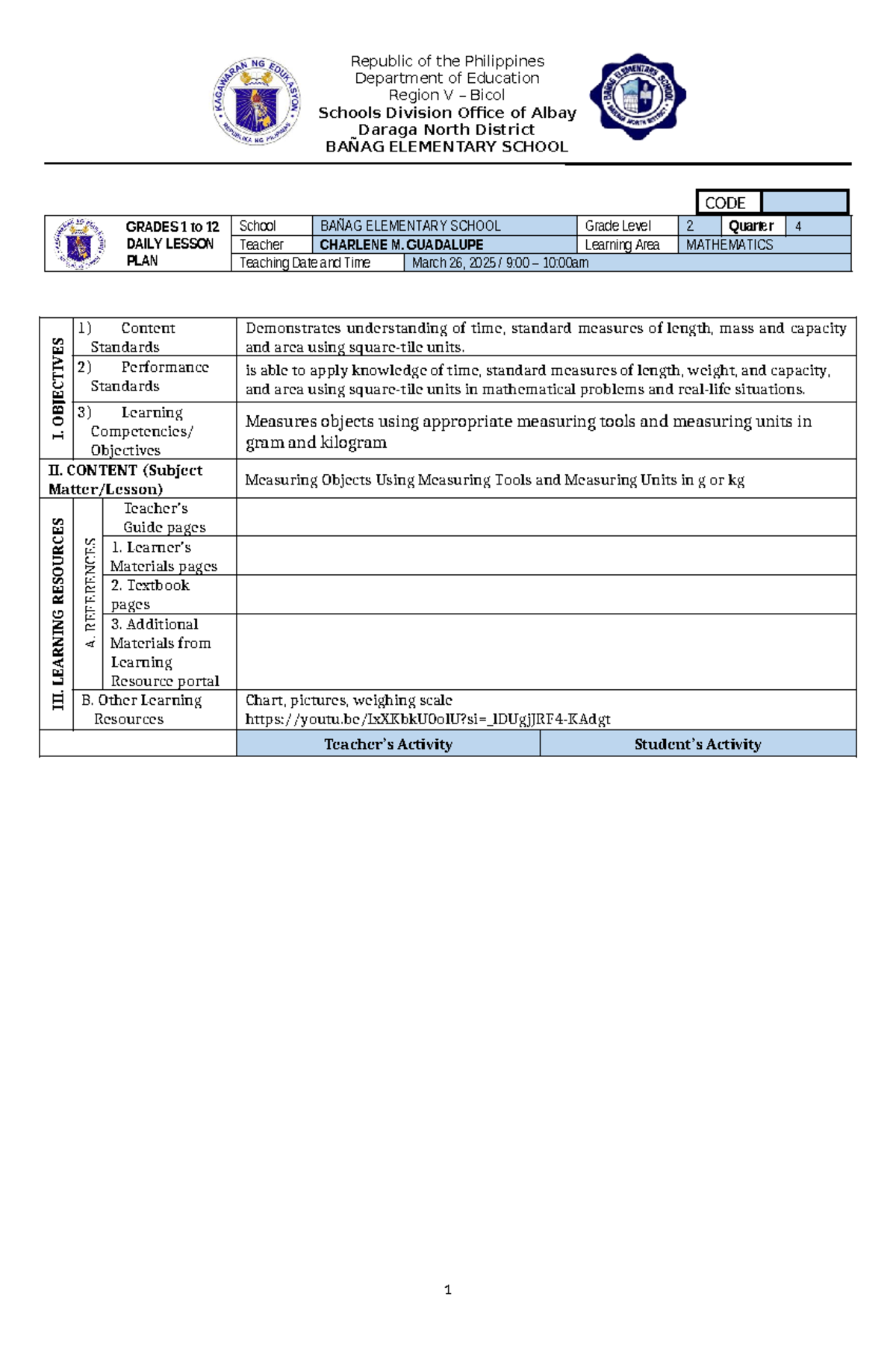 Grade 2 Lesson PLAN IN MATH - Republic of the Philippines Department of ...