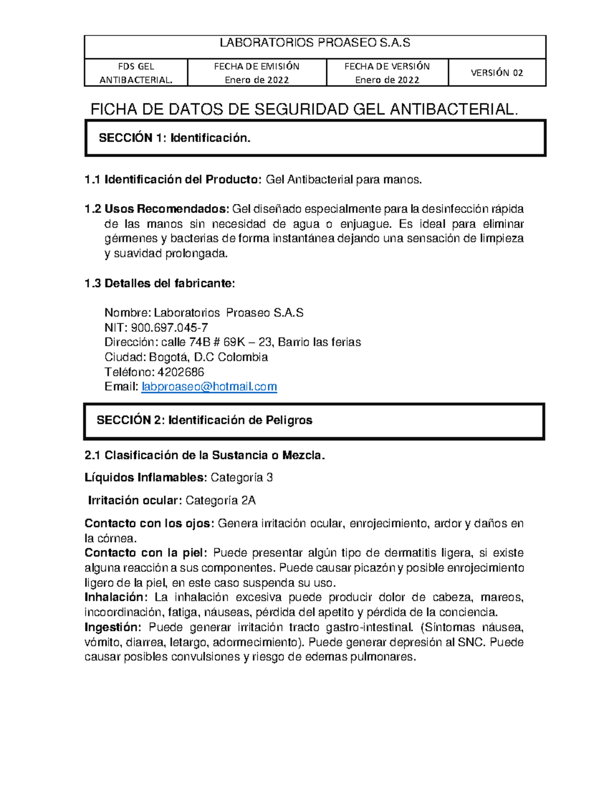 Ficha de Datos de Seguridad - FDS GEL Antibacterial Proaseo - Document Preview