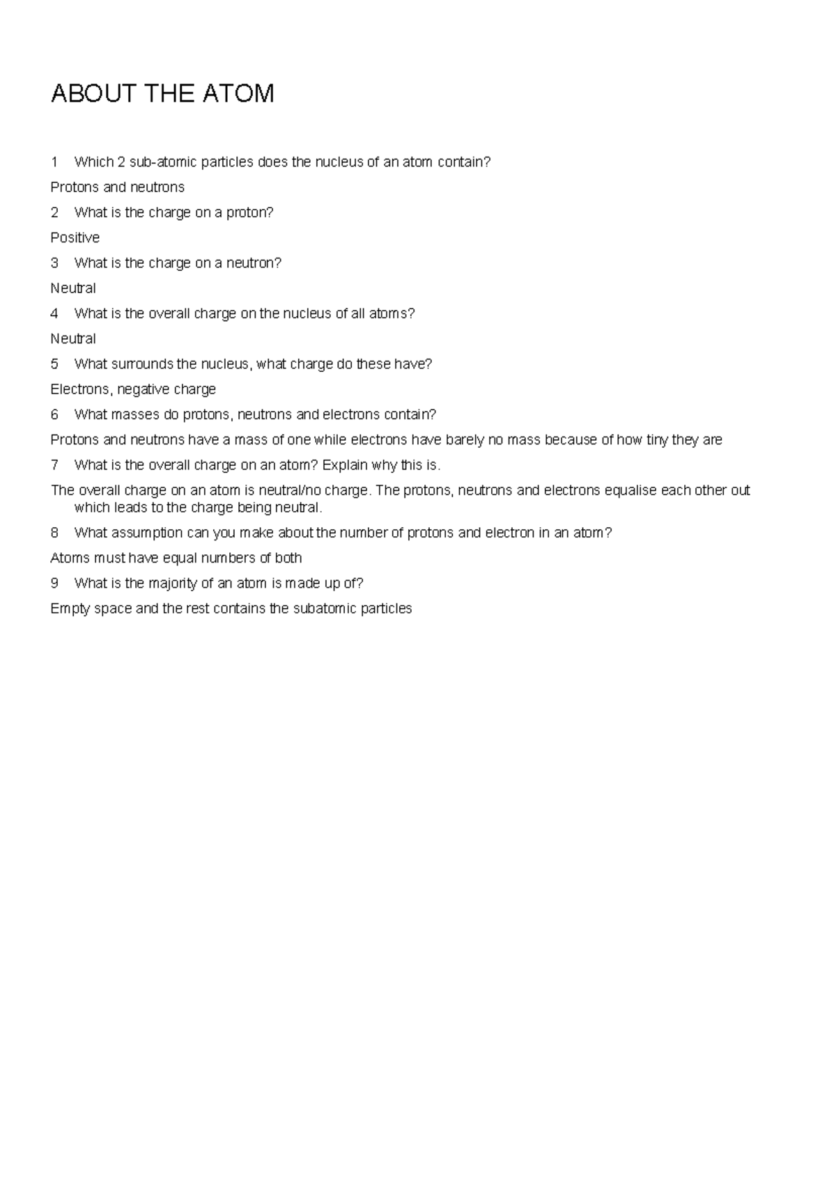 Worksheet 2 - Understanding Atomic Structure and Subatomic Particles ...
