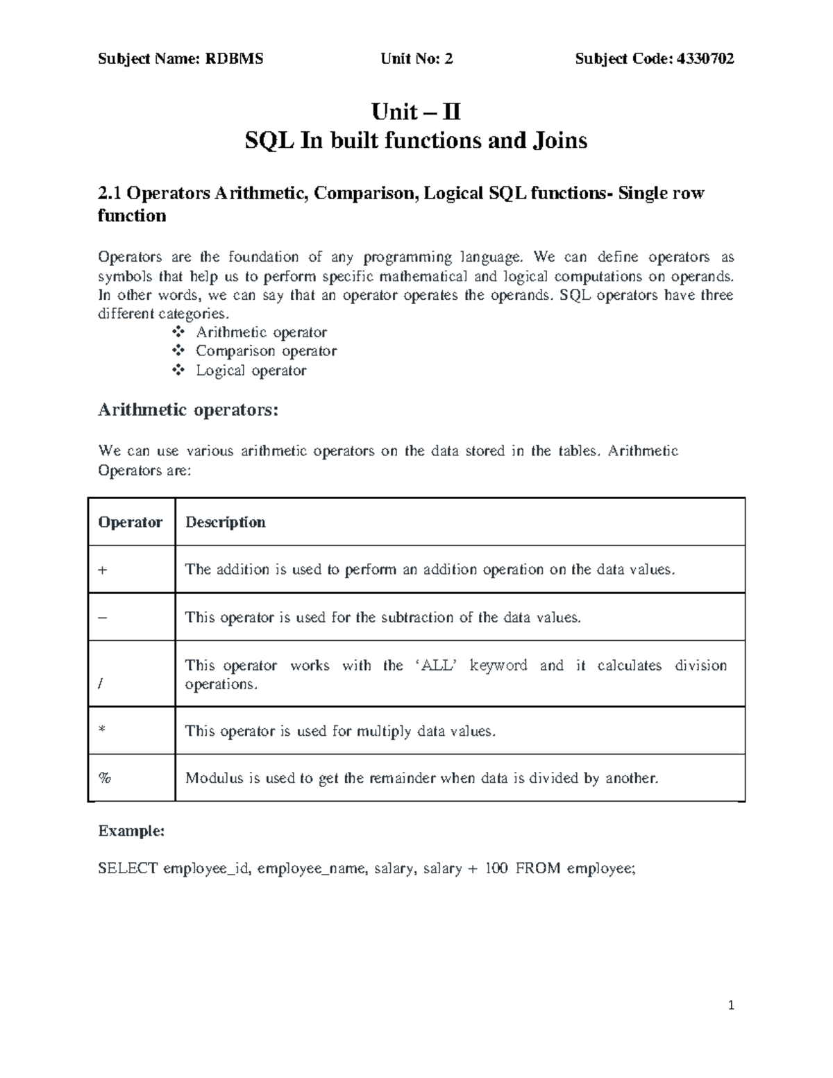 Rdbms-UNIT-2 - dfh - Unit – II SQL In built functions and Joins 2 ...