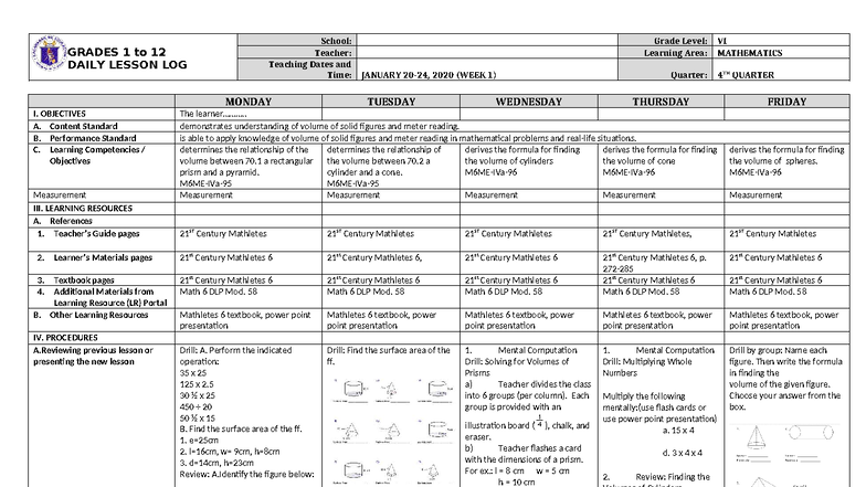 DLL Mathematics 6 Q4 W1: Daily Lesson Log on Volume Concepts - Studocu