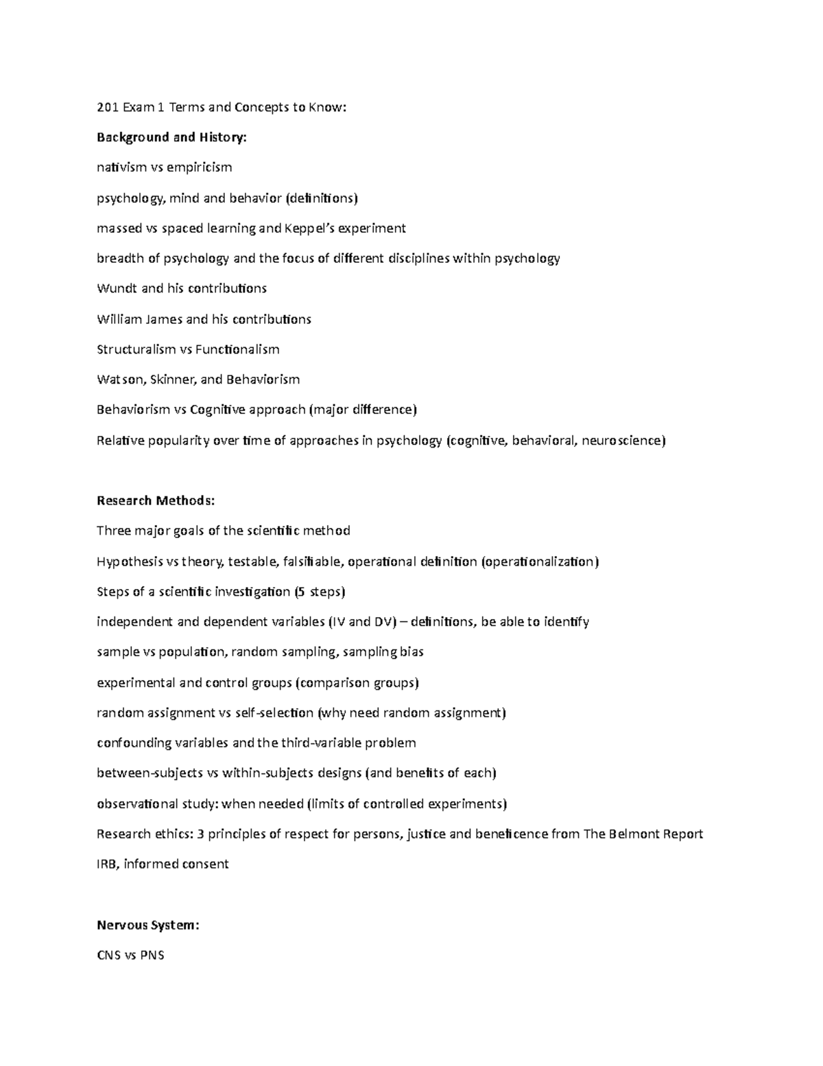 201 Exam 1 Study Guide - A list of topics covered on the first exam ...