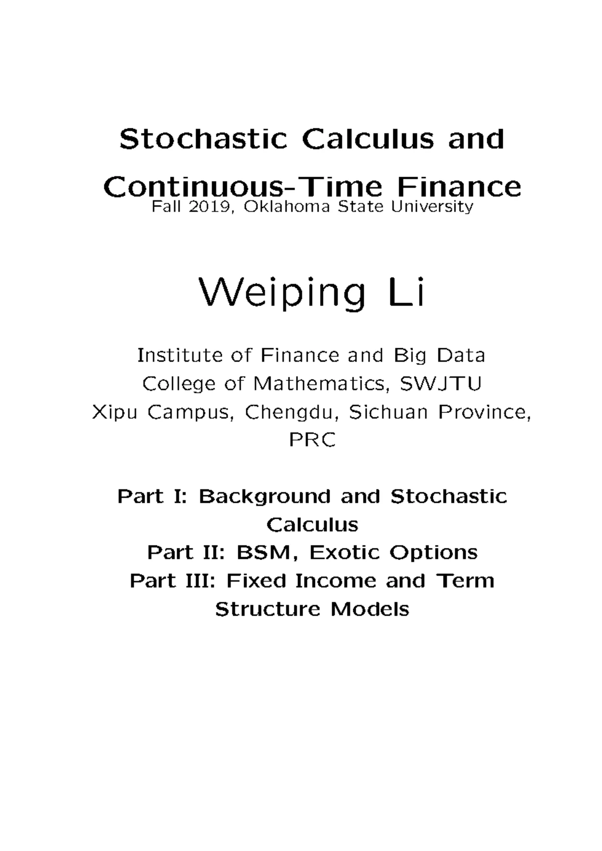Solution to Financial Calculus Chapter 1 - MATH 5473 FINANCIAL CALCULUS ...