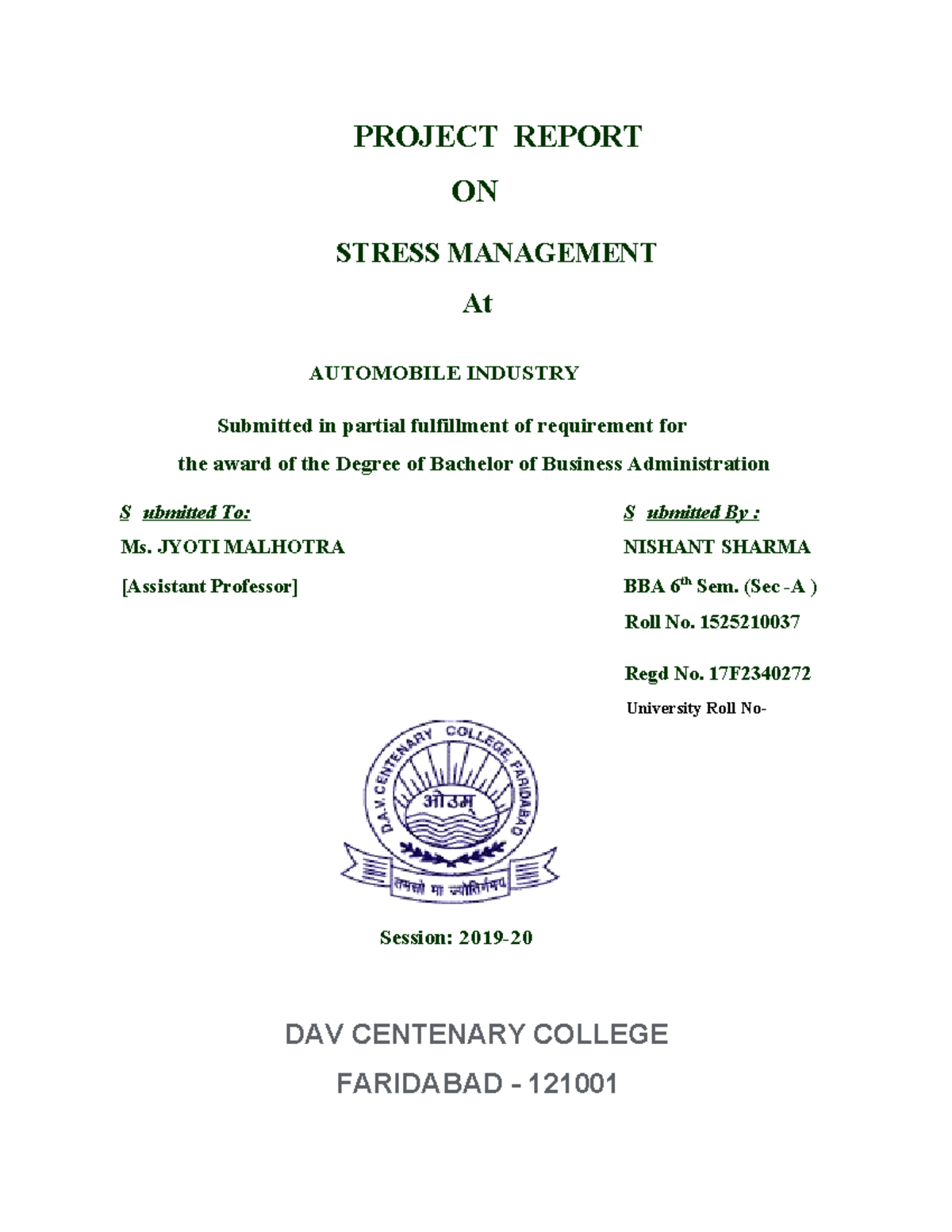 BBA 6th sem project report on stress management in the automobile ...