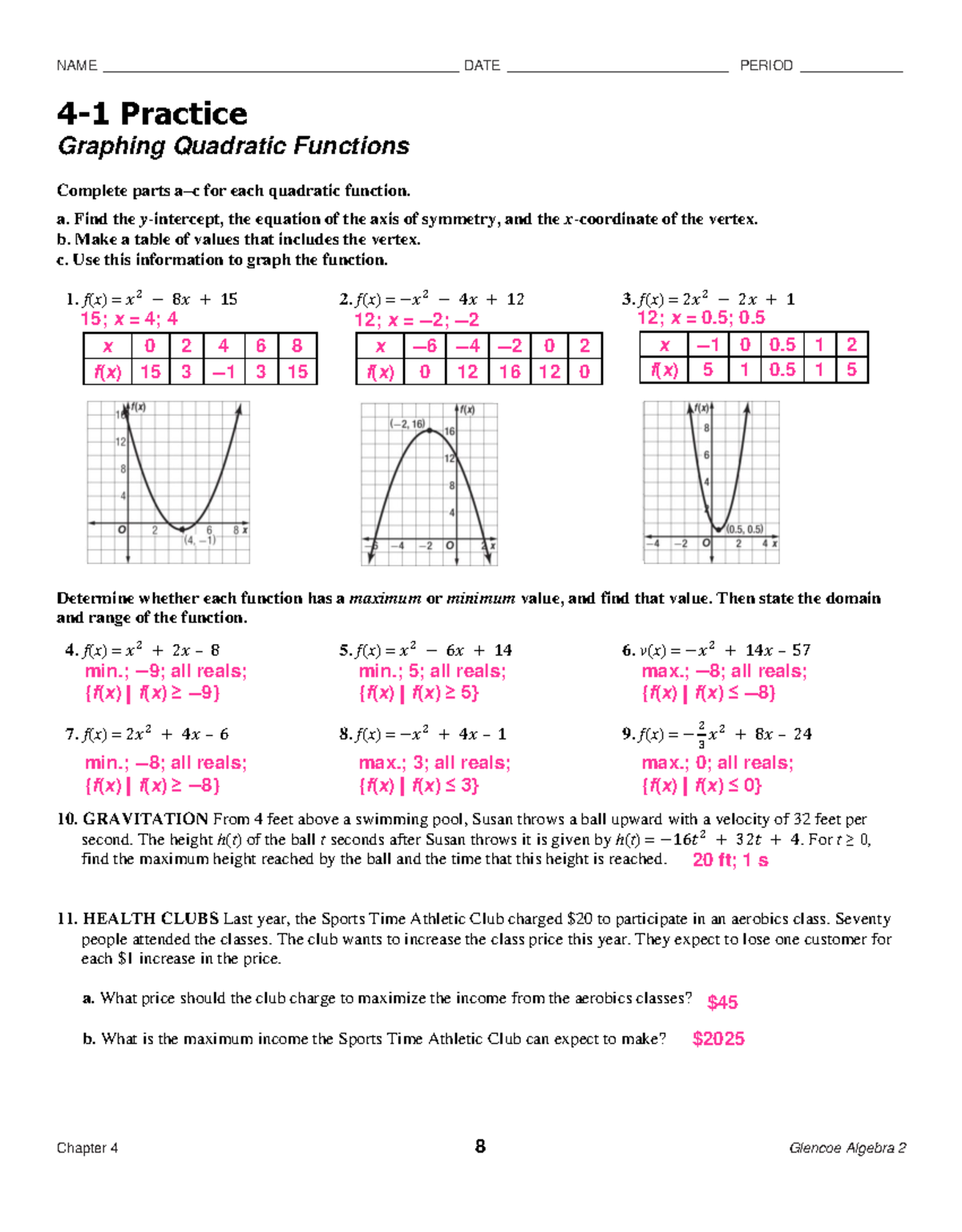 Algebra 2 (4.1) Homework: Graphing Quadratic Functions Practice - Studocu