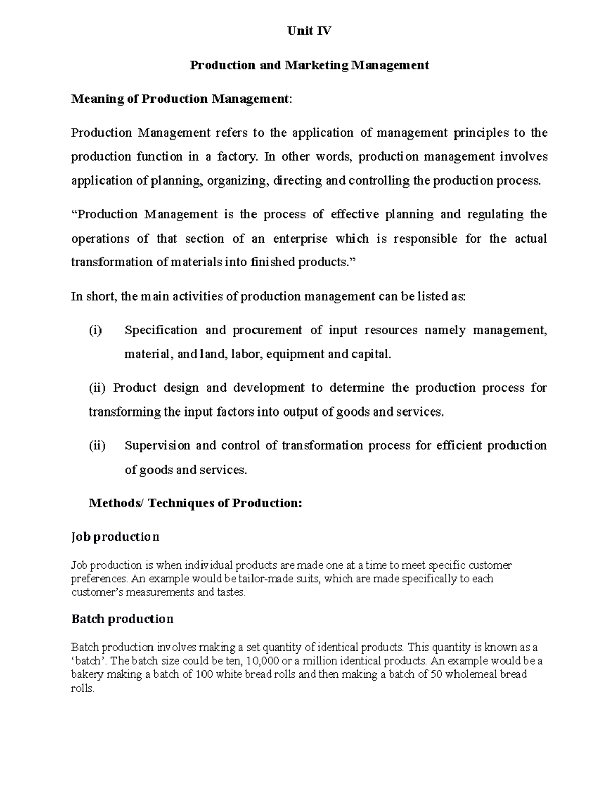 UNIT IV PE - Unit IV Production and Marketing Management Meaning of ...