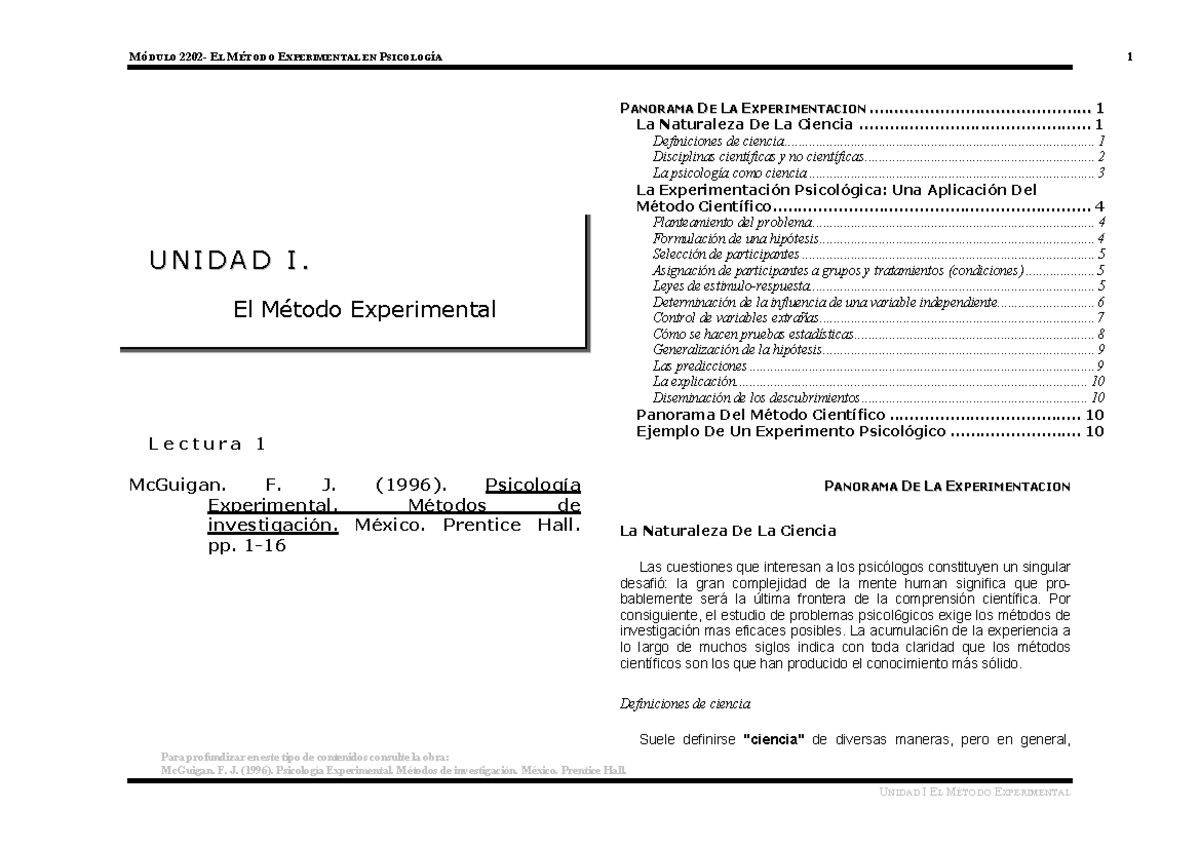 MÓDULO EL MÉTODO EXPERIMENTAL EN PSICOLOGÍA - UNIDAD I: Introducción y ...