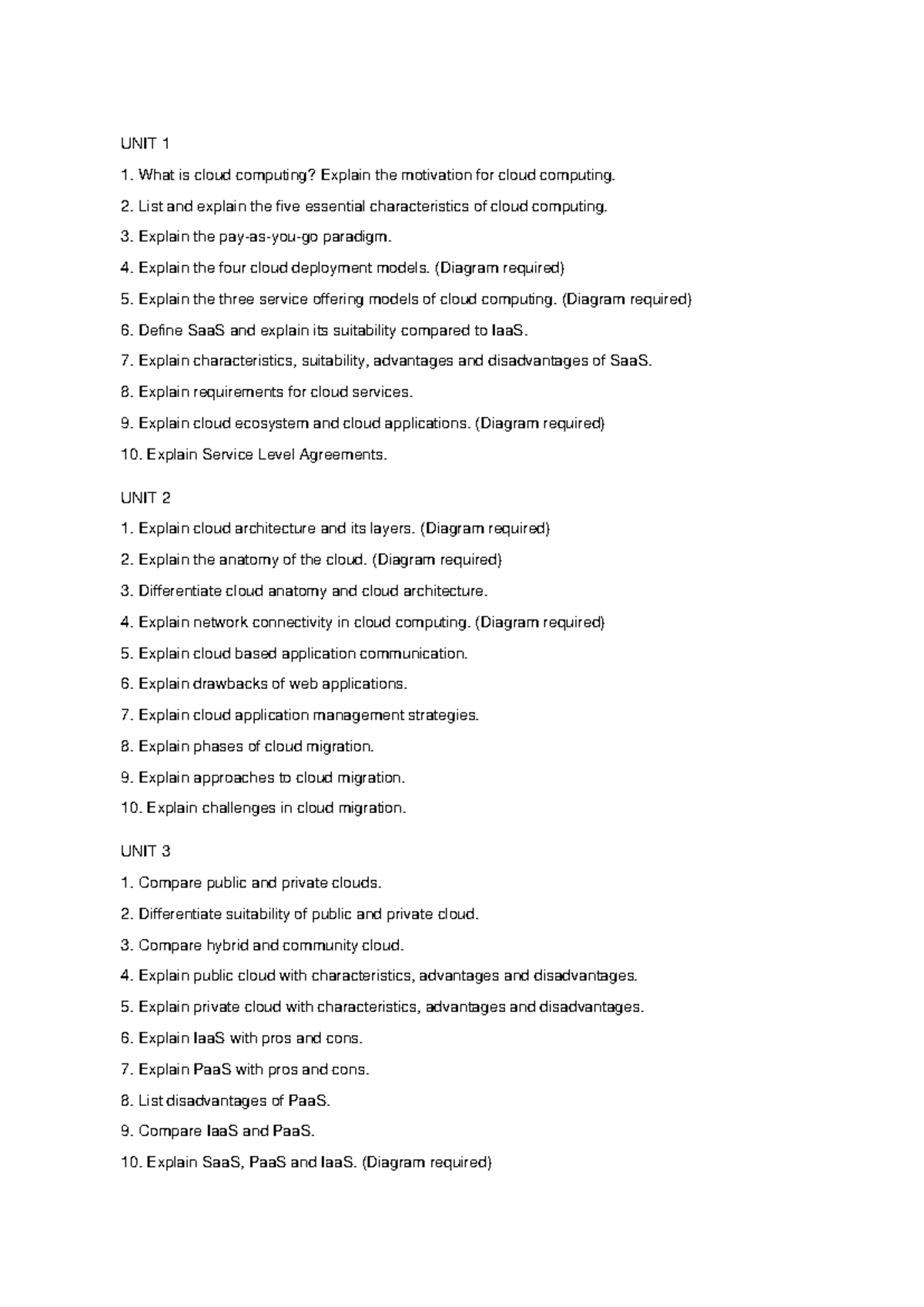 Cloud Computing Unitwise Questions: Concepts & Comparisons - Studocu