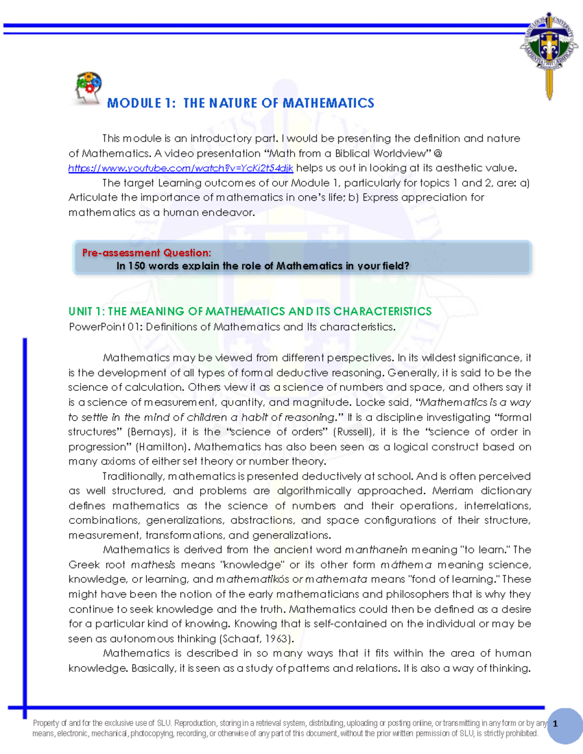 Module 1: Intro to Mathematics - Concepts & Patterns (GMATH) - Studocu