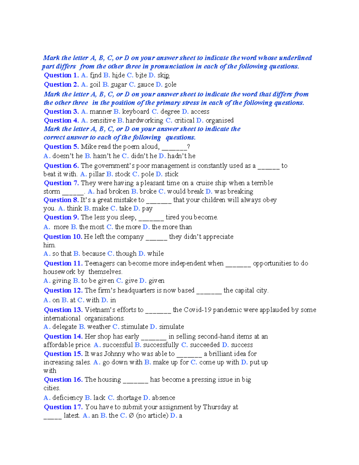 Minh Họa 03 - Pronunciation and Stress Practice Questions - Studocu