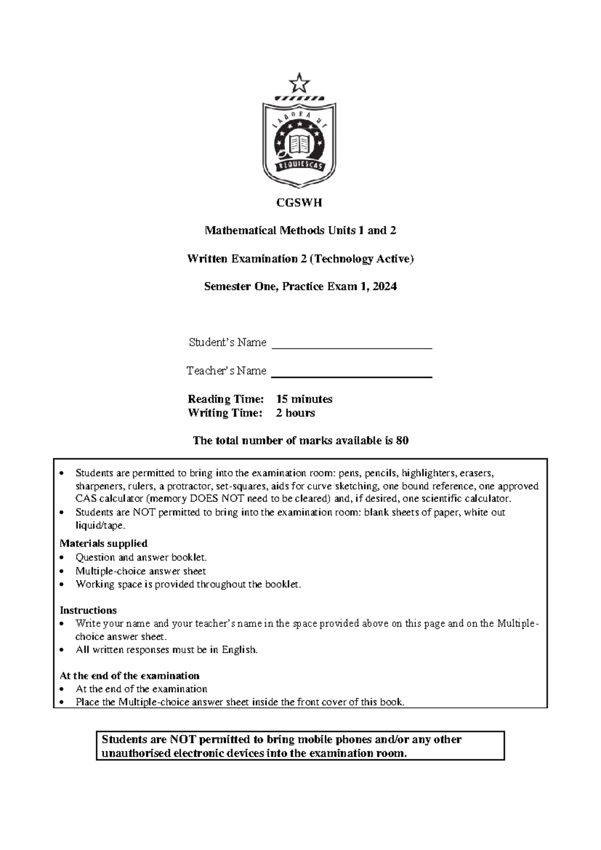 Mathematical Methods UNIT 1 Practice Exam 2 (Tech Active) 2024 - Studocu