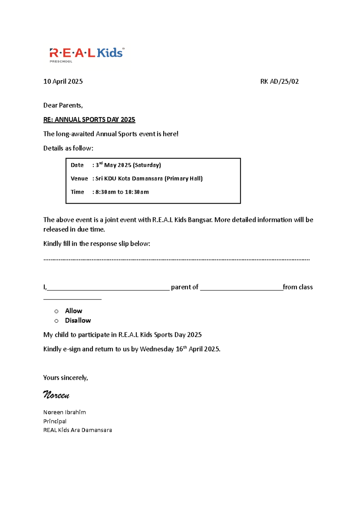 Sports Day consent form - R.E.A.L Kids 2025 - Studocu