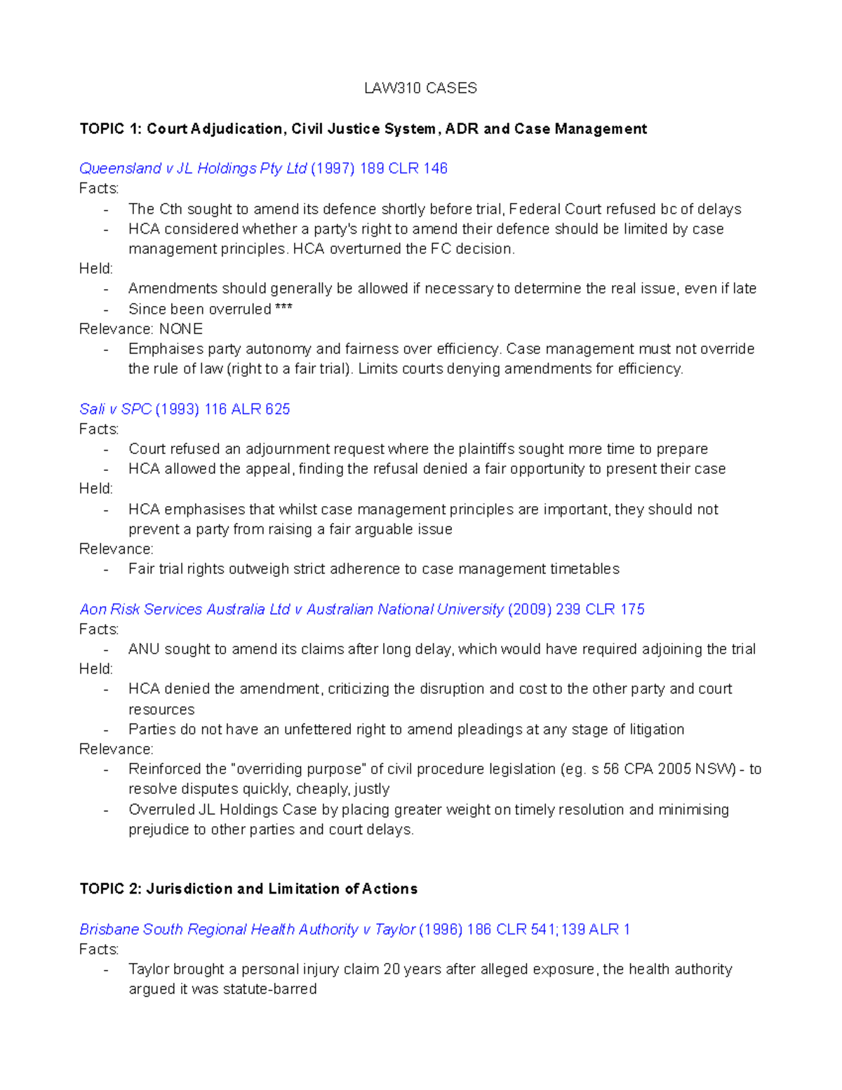 LAW310 CASES EXAM 1: Summaries of Key Legal Principles - Studocu