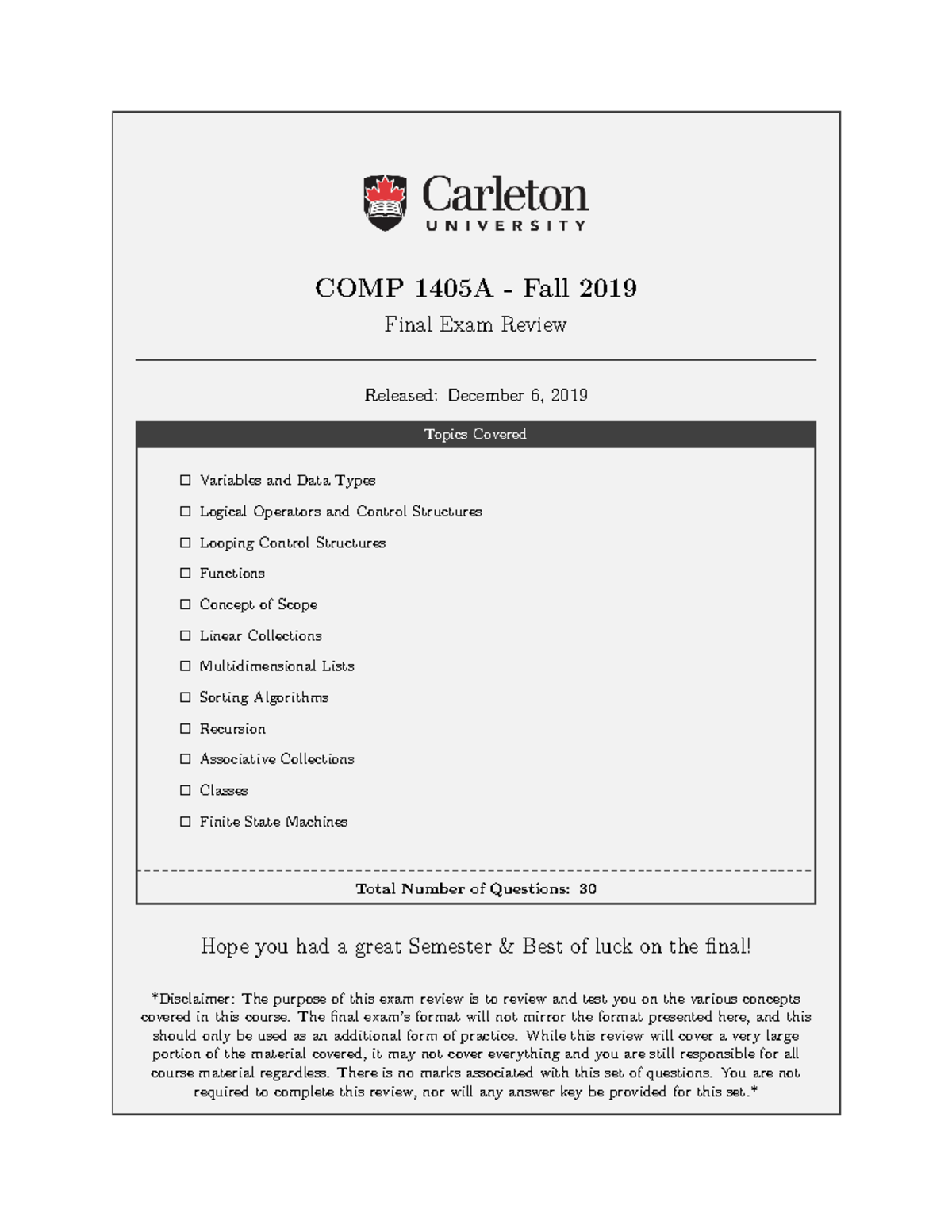 COMP1405 Final Exam Review Guide - Key Topics and Questions - Studocu