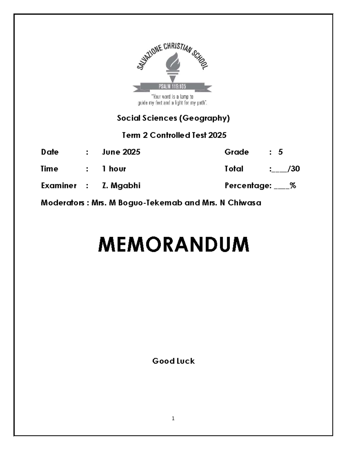 Grade 5 Geography Term 2 Controlled Test Memo 2025 - Studocu