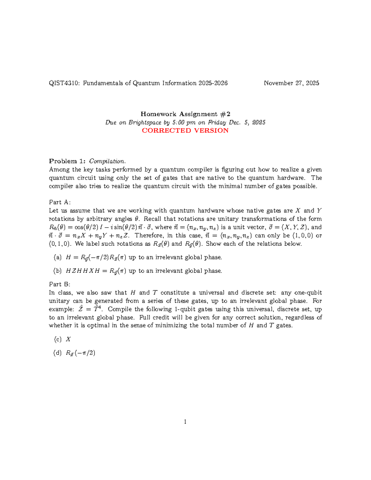 Homework 2: QIST4310 Quantum Information Fundamentals Assignment ...