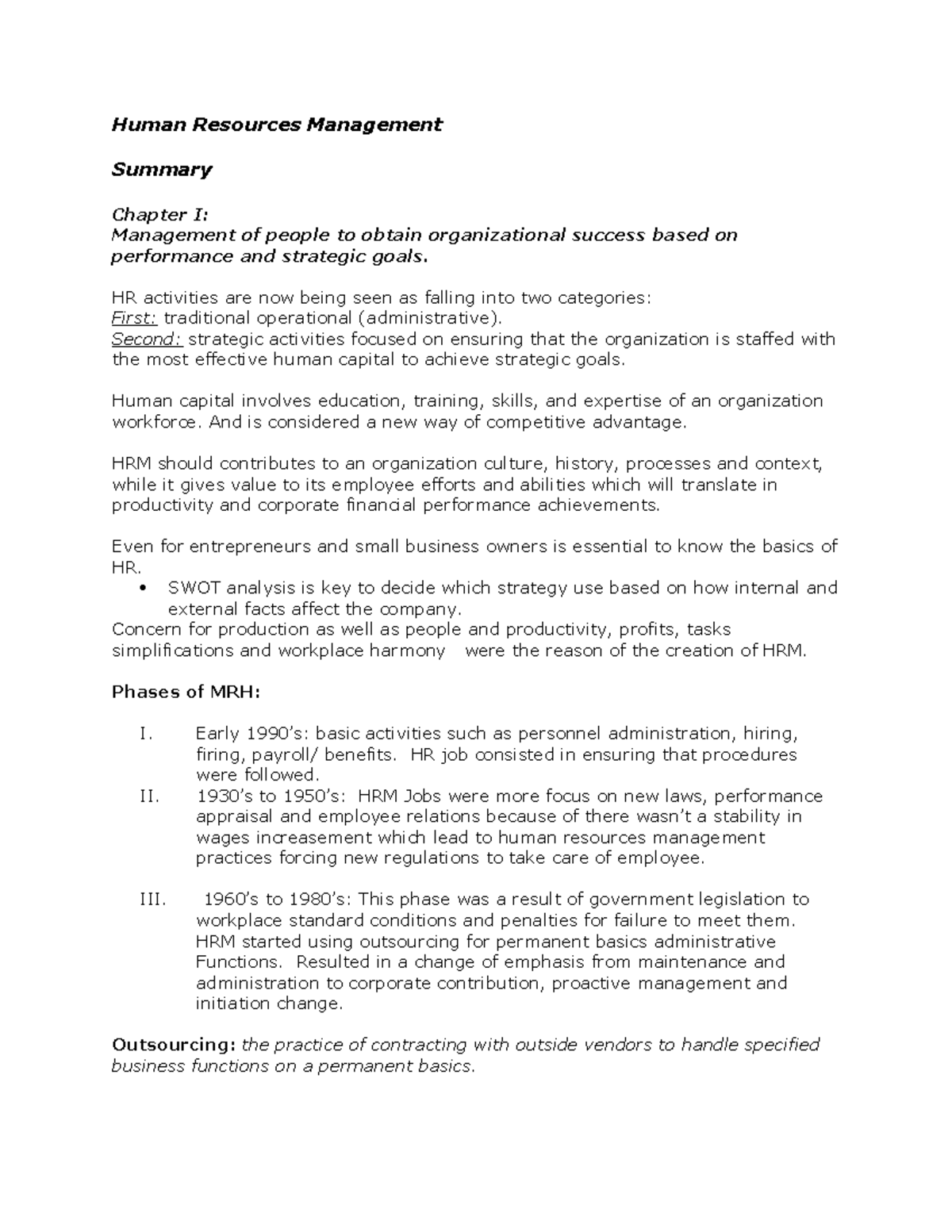 HRM 101 - Summary of Lecture Notes 1-4 on Human Resources Management ...
