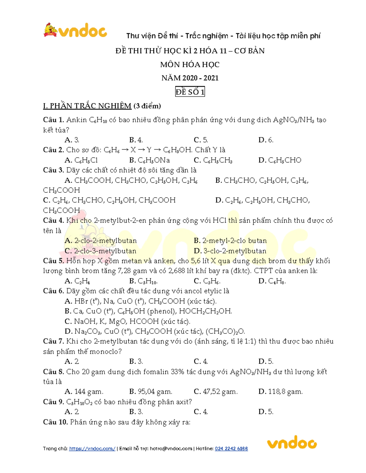 10 de thi thu cuoi hoc ki 2 mon hoa lop 11 - ĐỀ THI THỬ HỌC KÌ 2 HÓA 11 ...
