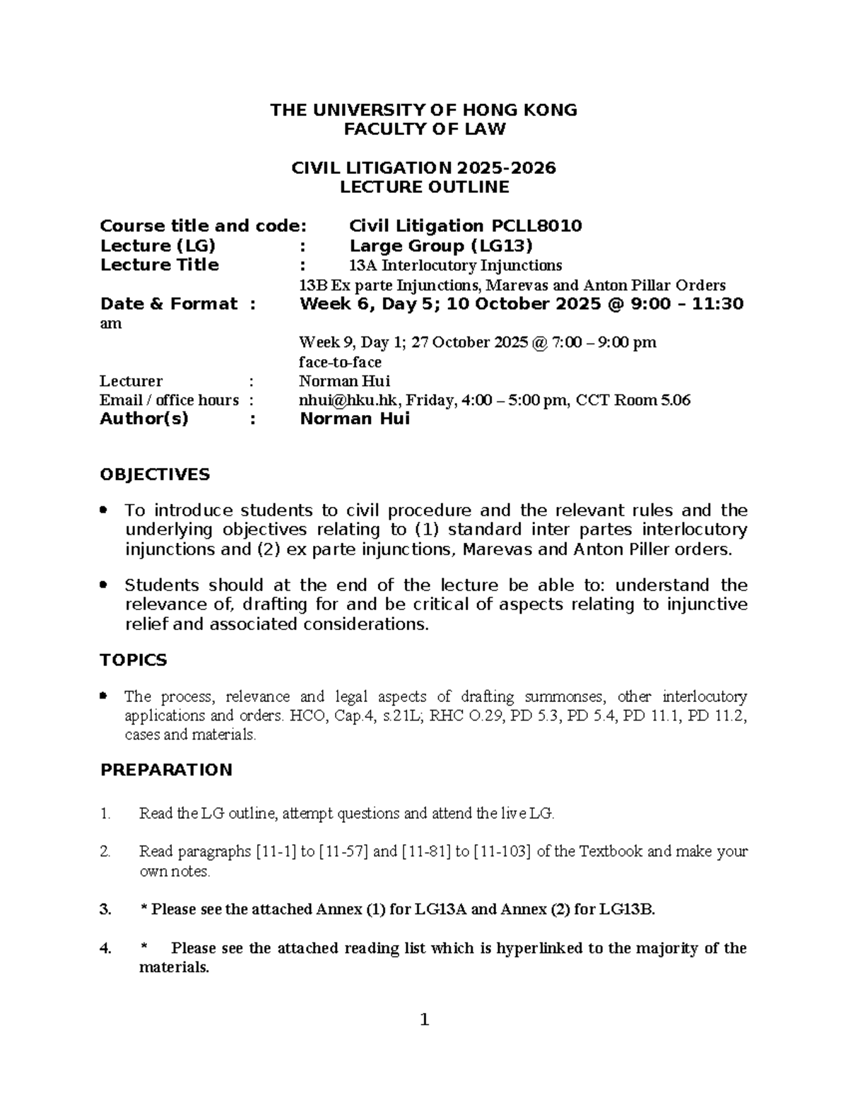 PCLL8010 Civil Litigation LG13: Interlocutory Injunctions & Orders ...
