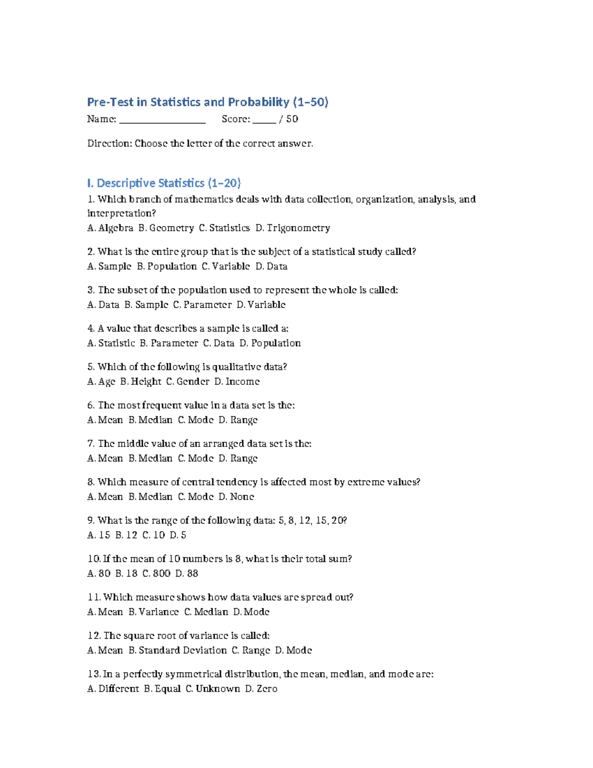 Pre-Test: Statistics and Probability (SP101) - Studocu