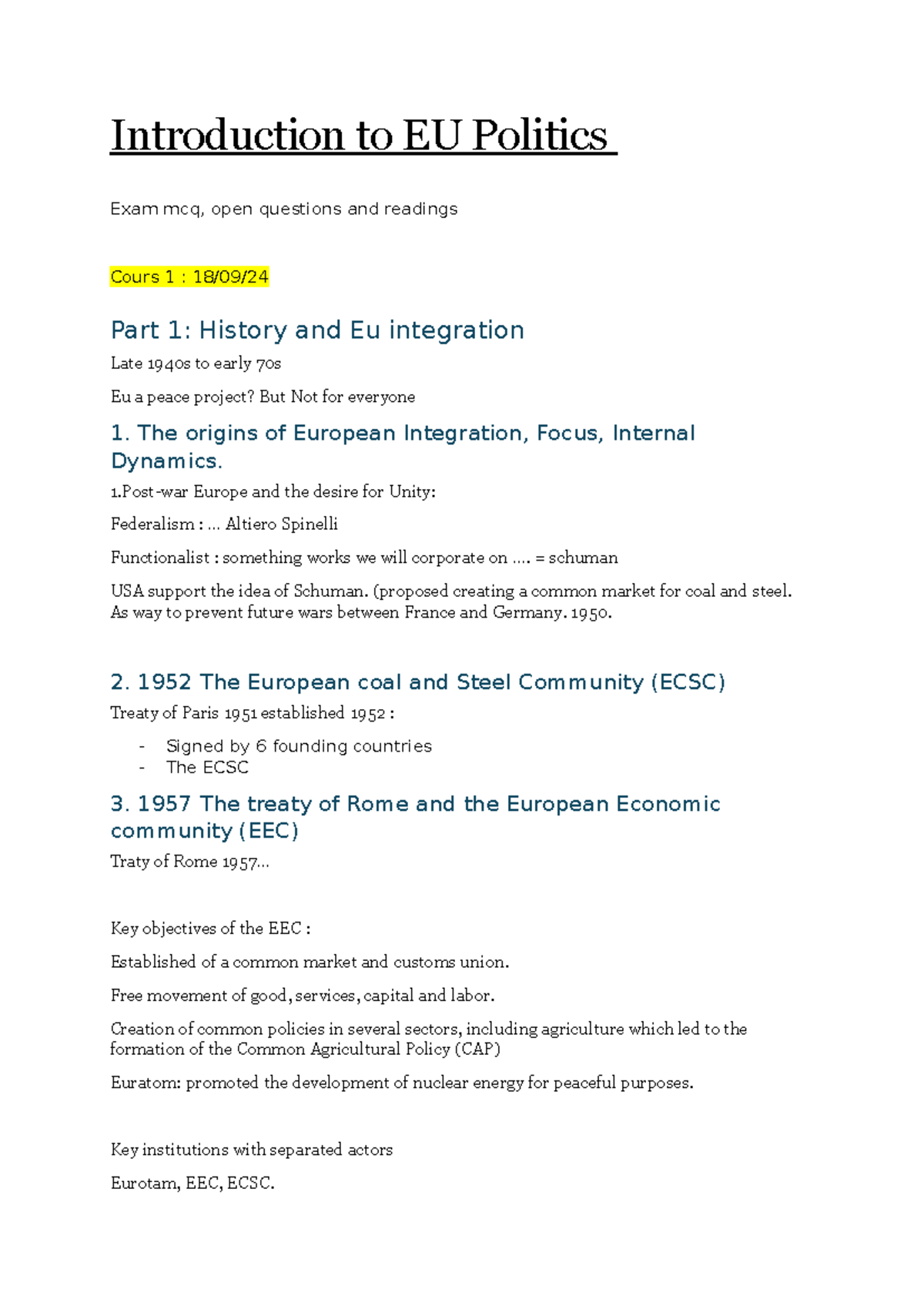 Eu politics - debut de note - Introduction to EU Politics Exam mcq ...