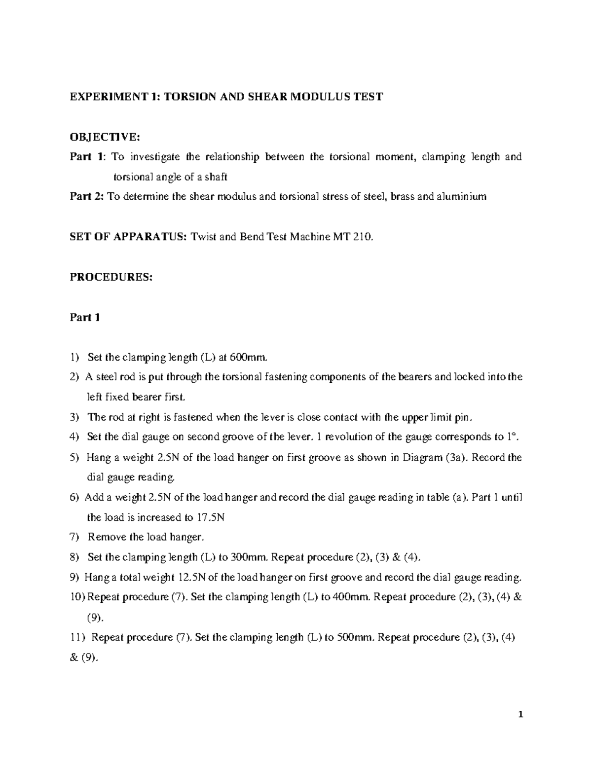 MEE3224 Lab Manual: Torsion, Shear Modulus & Beam Experiments - Studocu