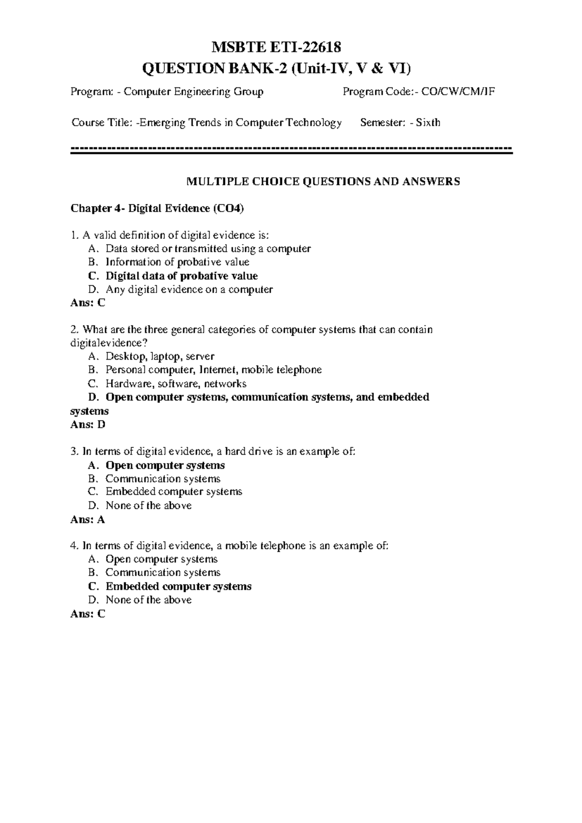 ETI QB-II - MCQs and Answers for Emerging Trends in Computer Tech - Studocu