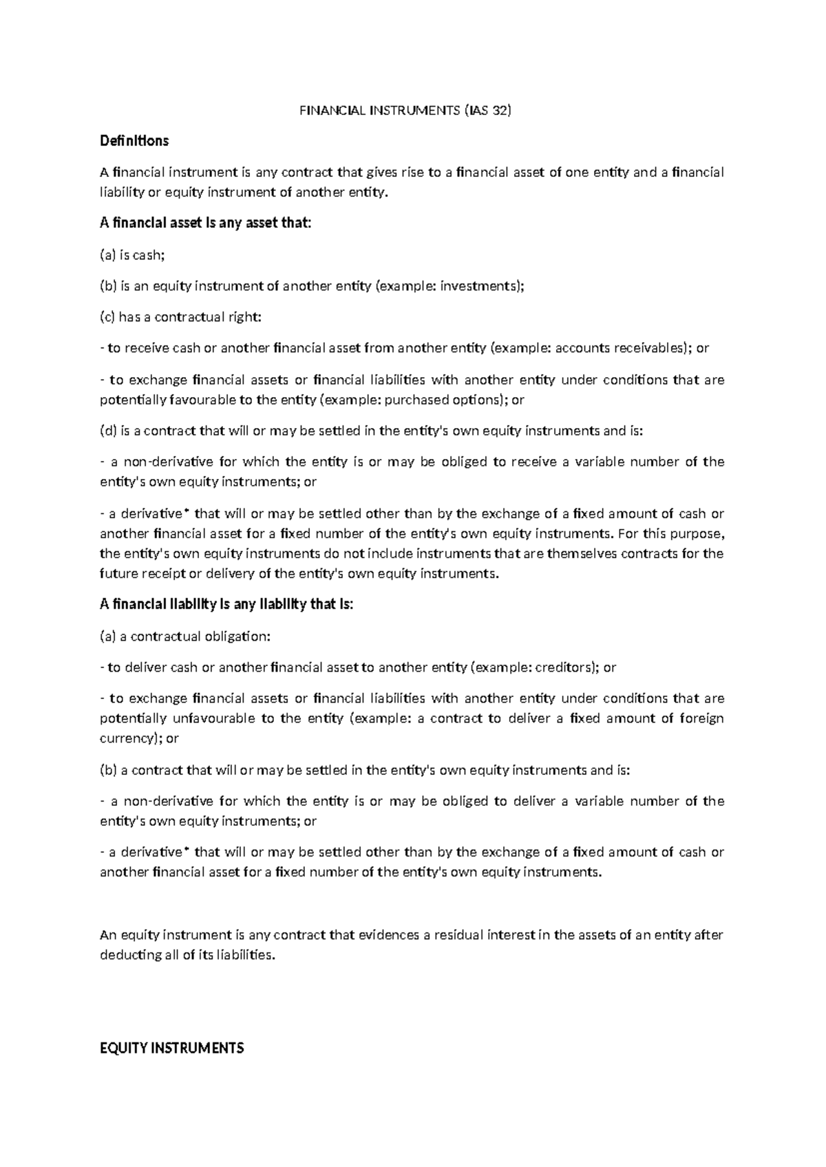 Financial Instruments Overview (IAS 32) Definitions and Examples - Studocu