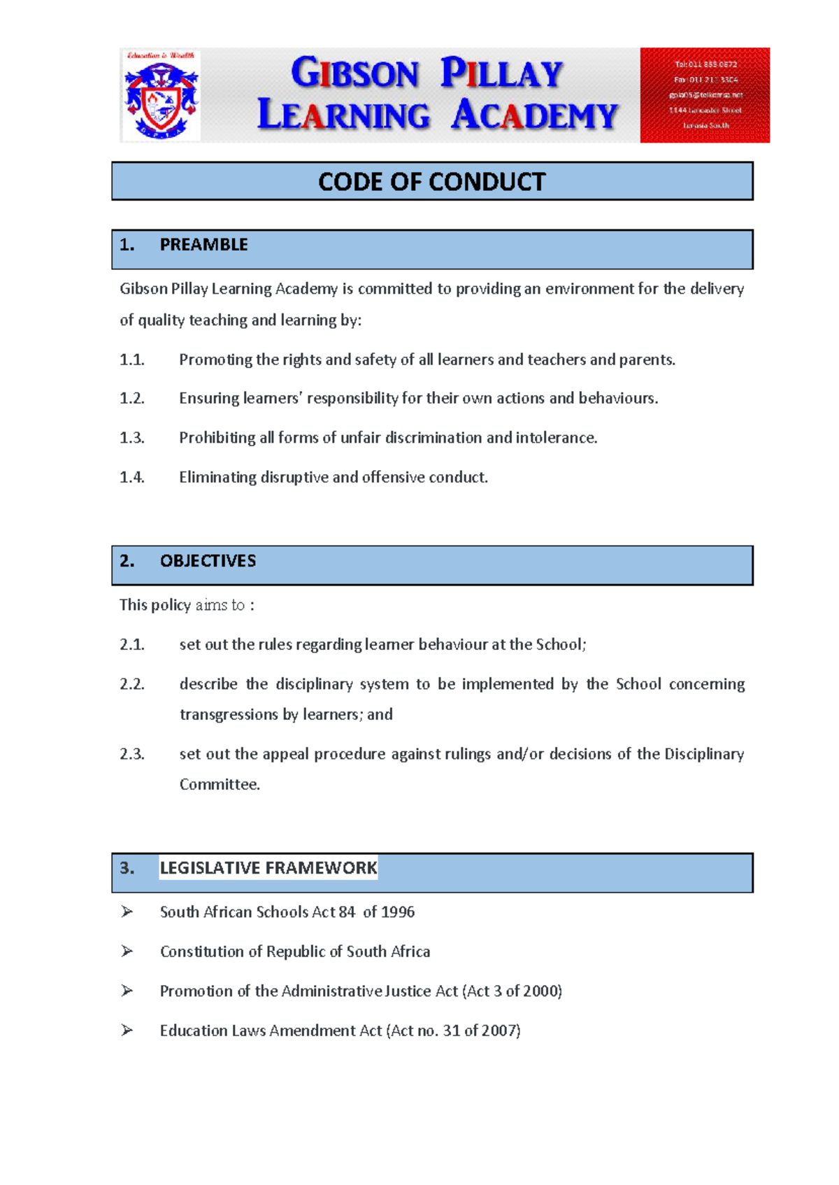 GIBSON PILLAY LEARNING ACADEMY CODE OF CONDUCT (Jan 2026) - Studocu