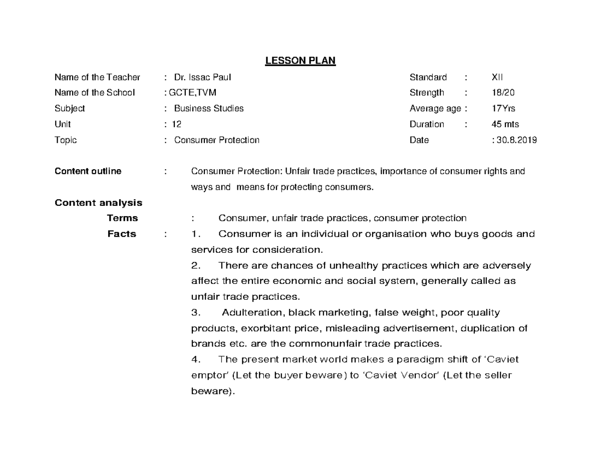 Commerce - Lesson Plan on Consumer Protection (Unit 12) - Studocu