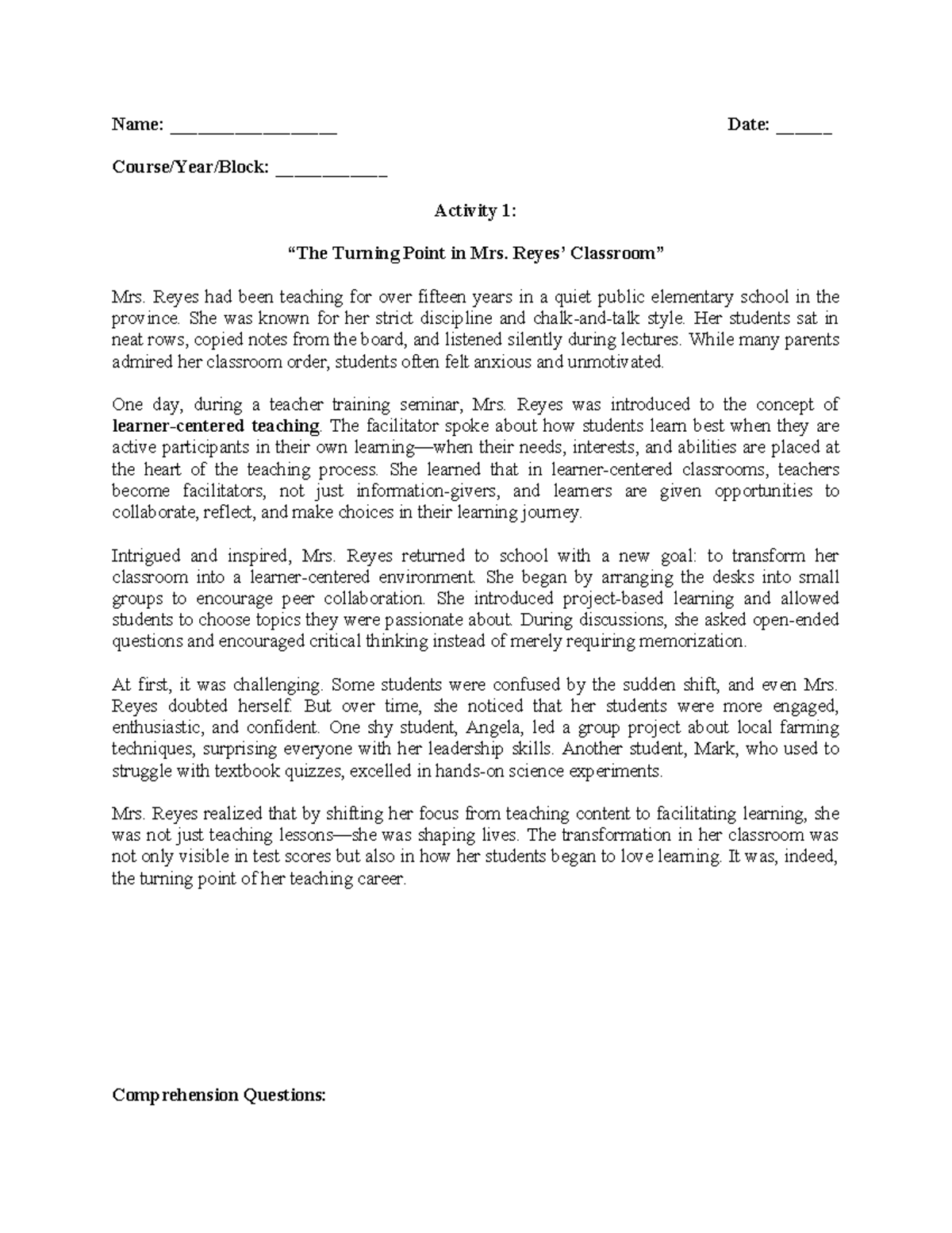 Prof Ed 5 Activity 2: The Turning Point in Mrs. Reyes' Classroom - Studocu