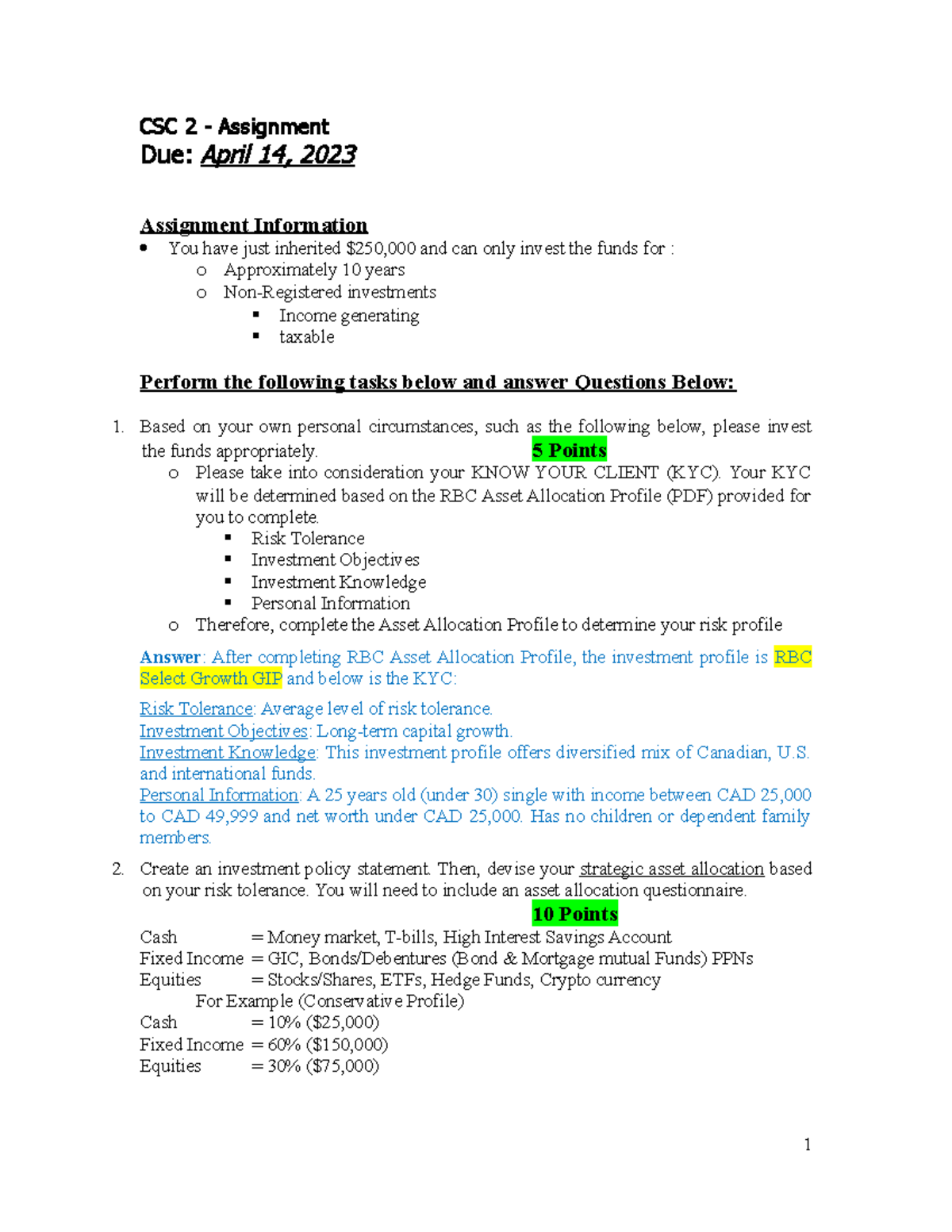 CSC 2 Assignment: Investment Strategy and Portfolio Construction - Studocu